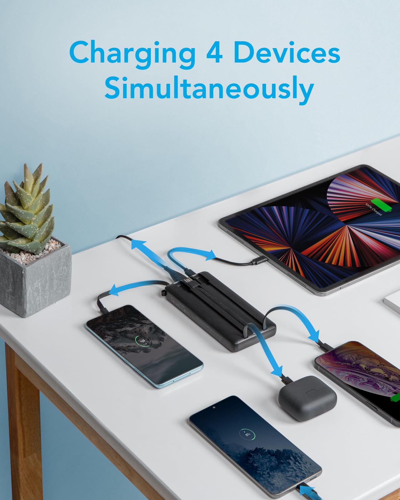 Power Bank 20000mAh Powerbank USB C mit 5 Ausgängen & 2 Eingängen VEEKTOMX Powerbank mit integrierten Kabeln Externer Handyakku Kompatibel mit iPad, iPhone16/15, Samsung, Huawei, Google Pixel usw.