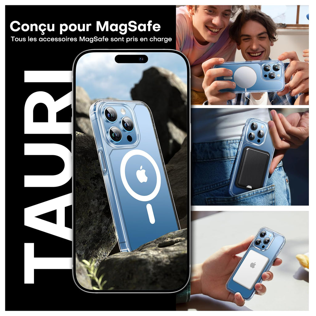 TAURI för iPhone 13 Pro Skal 6.1-Tum med Härdat Glas Skärmskydd, Kompatibelt med MagSafe, Militär kvalitet, [Icke-Gulning] Magnetisk Mobilskal Case - Klar