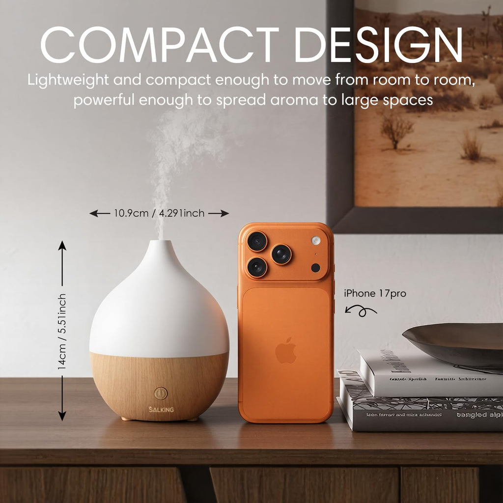 SALKING Aroma Diffuser, 100 ml, liten, ultraljuds aromaterapi-diffuser, för eteriska oljor, med automatisk avstängningsfunktion, varmvit ljus, vitt träfiber, diffusor för hem, kontor eller yoga