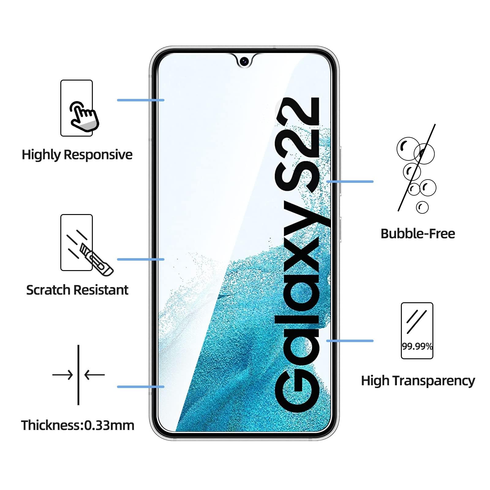 NEW'C 3 Pack, skärmskydd i glas för Samsung Galaxy S22 5G, bubbelfri, 9H hårdhet, 0,33 mm ultratransparent, ultrabeständigt härdat glas