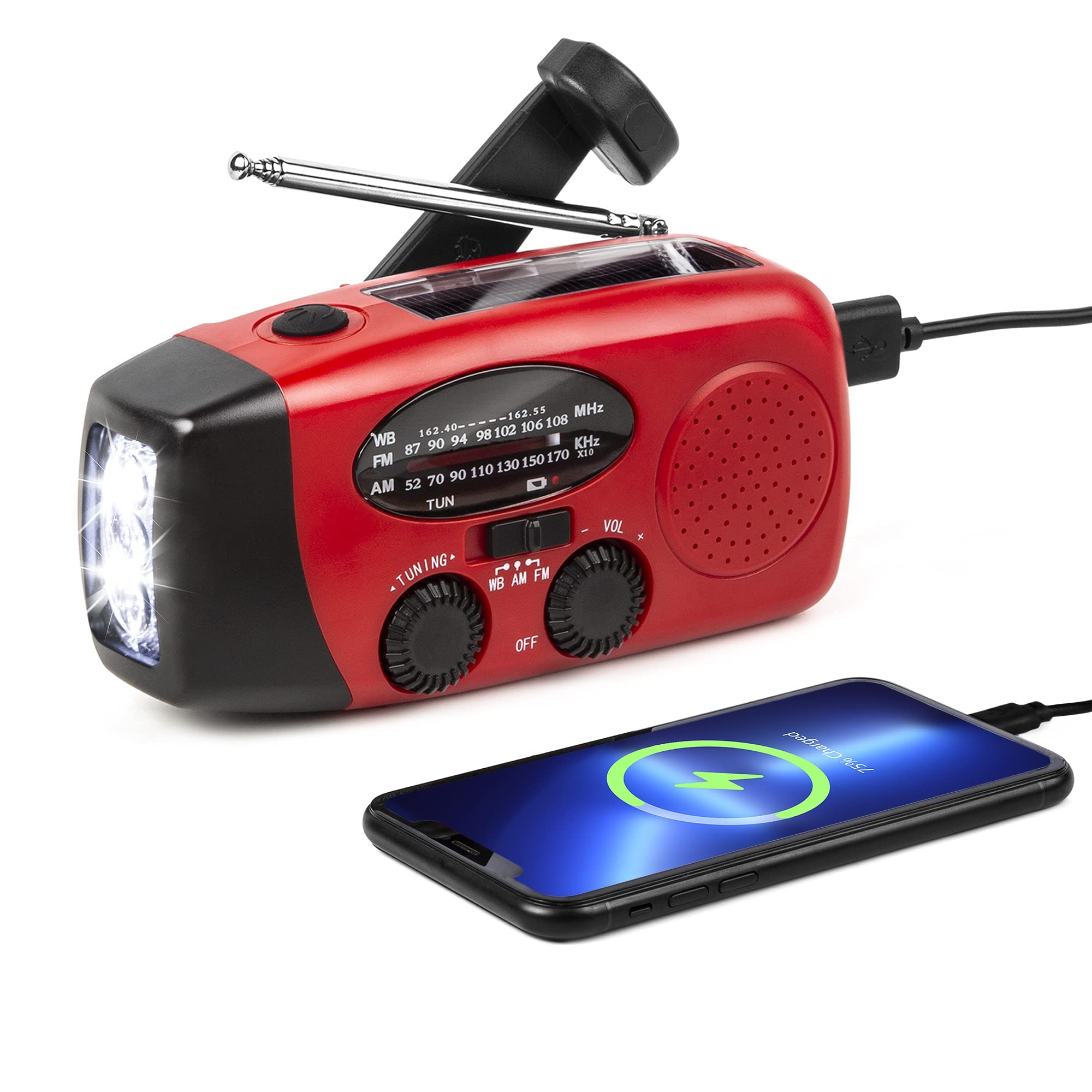 Emergency Solar Hand Crank Radio med AM, FM, NOAA Weather Alert, 1200mAh Power Bank, LED -ficklampa och Telefonladdare, Bärbar överlevnadsutrustning för Utomhuscamping