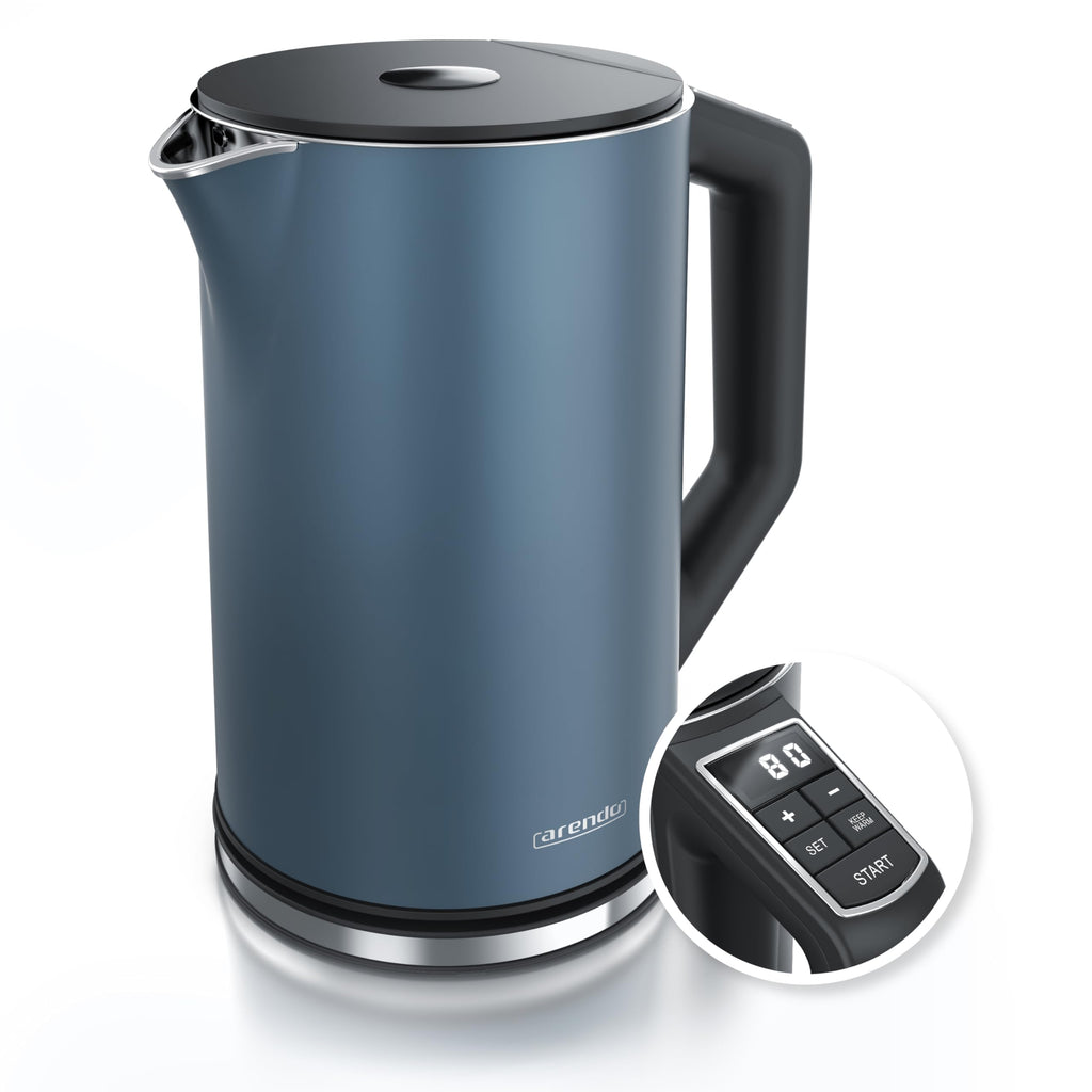 Arendo - Vattenkokare i rostfritt stål med temperaturinställning 40-100 grader i steg om 5 - Dubbelväggsdesign - ELEGANT modell - 1,5 liter - 2200 W - Tekokare med temperaturdisplay - GS - Admiral blå
