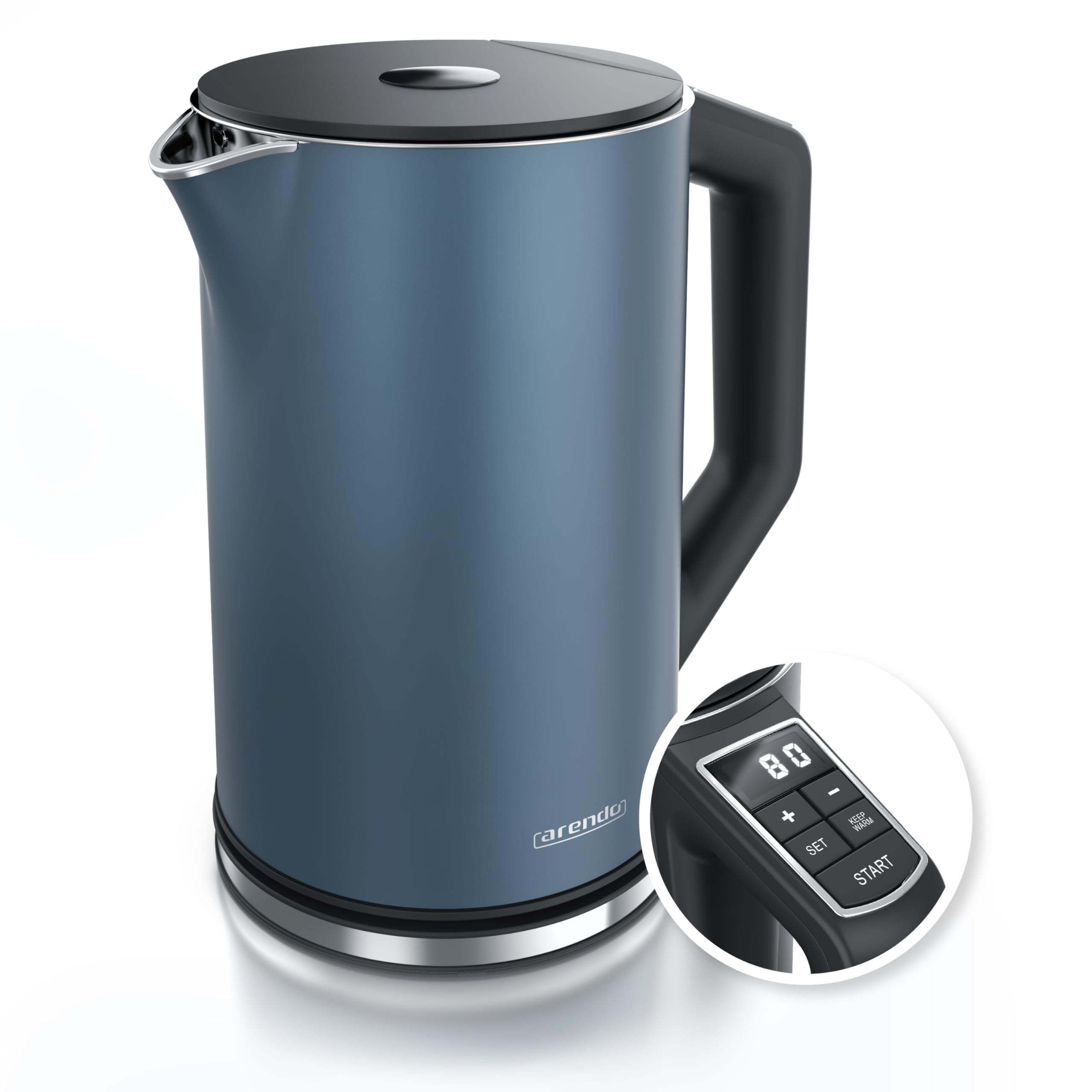 Arendo - Vattenkokare i rostfritt stål med temperaturinställning 40-100 grader i steg om 5 - Dubbelväggsdesign - ELEGANT modell - 1,5 liter - 2200 W - Tekokare med temperaturdisplay - GS - Admiral blå