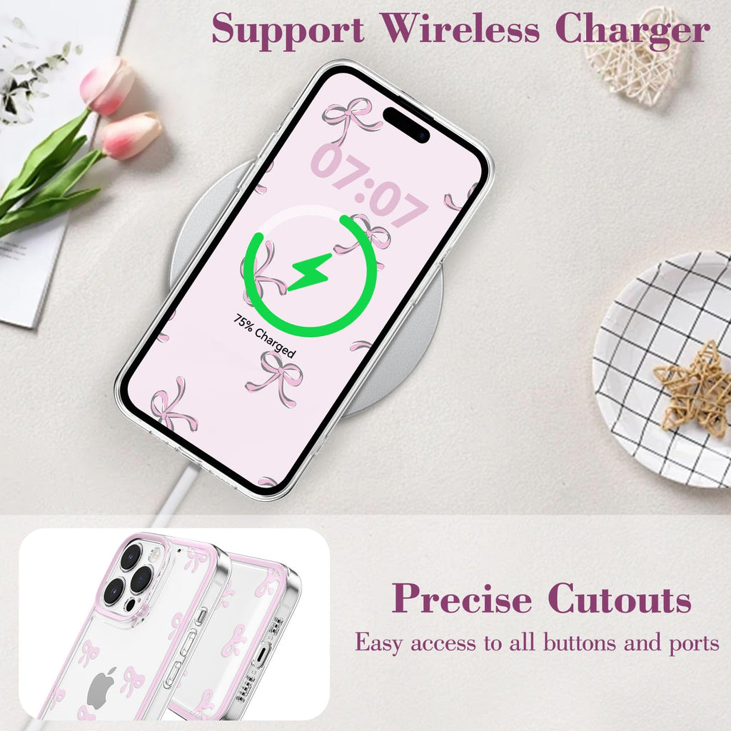 Eyzutak Fodral för iPhone 13 Pro Max, klart, sött rosettmönster, estetiskt transparent telefonskal, upphöjt kameraskydd, elegant, tunt, mjukt, hållbart, skyddande TPU-skal, för kvinnor, flickor, rosa