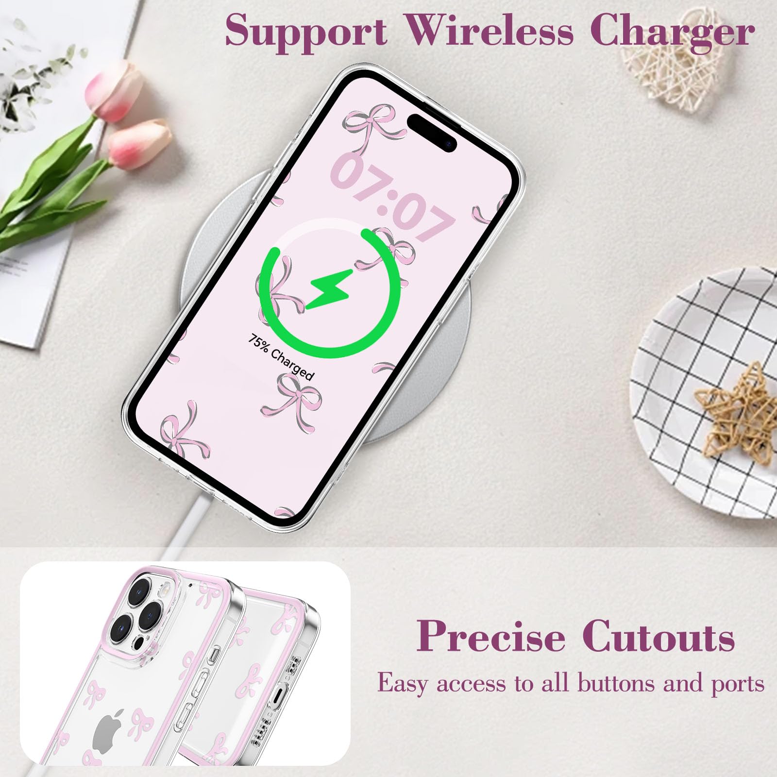 Eyzutak Fodral för iPhone 13 Pro Max, klart, sött rosettmönster, estetiskt transparent telefonskal, upphöjt kameraskydd, elegant, tunt, mjukt, hållbart, skyddande TPU-skal, för kvinnor, flickor, rosa