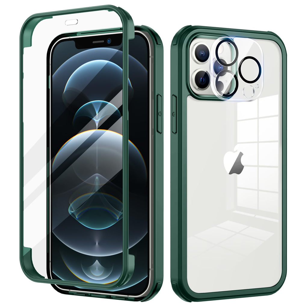 seacosmo för iPhone 12 Pro Mobilskal, [9H HD] Integrerat Skärmglas och Linsskydd, 360 Grader Stöttåligt Fodral, Stötdämpande Skal för iPhone 12 Pro, Grön