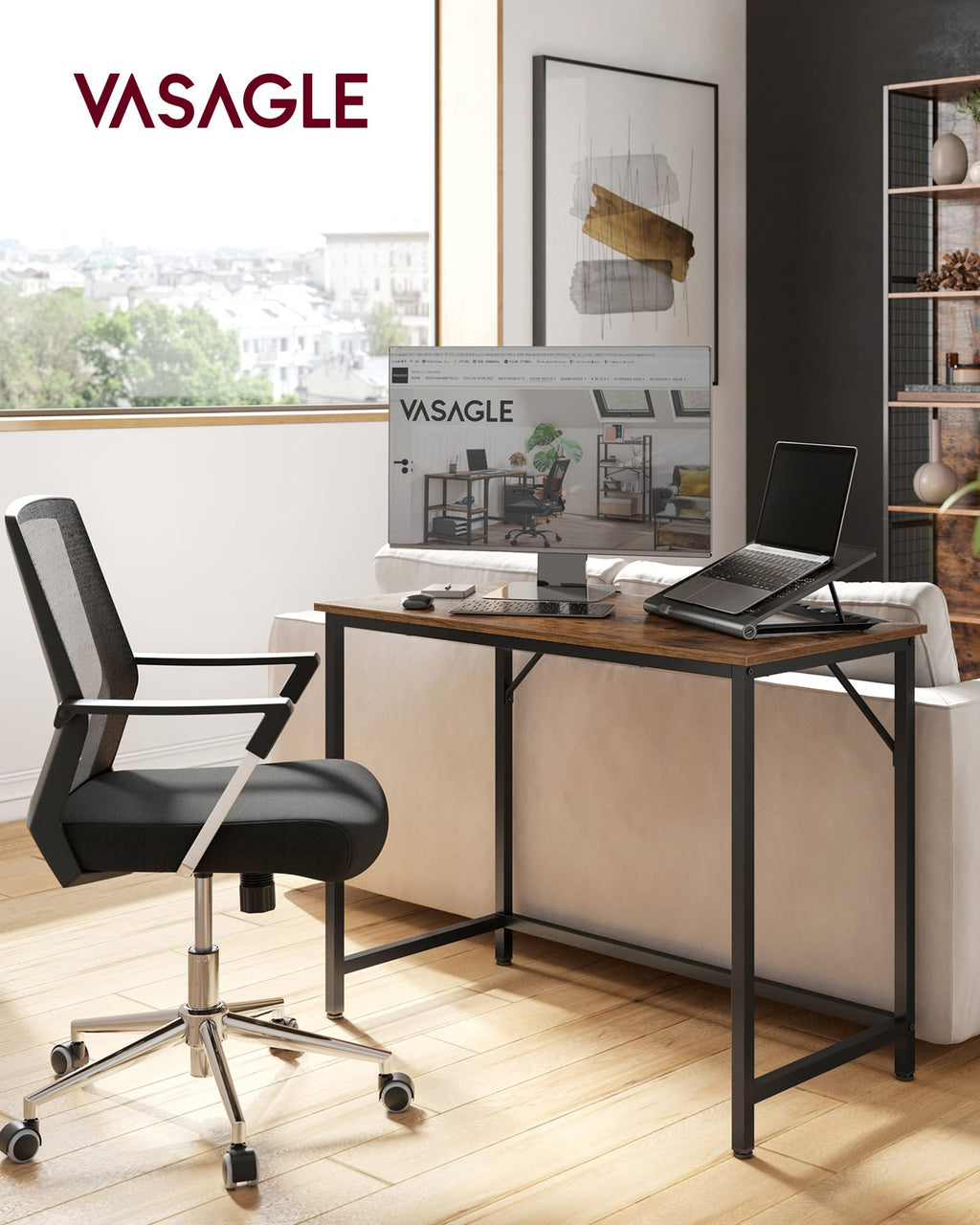 VASAGLE Datorskrivbord, skrivbord, litet kontorsbord, 100 x 50 x 75 cm, studie, hemmakontor, enkel montering, stål, industriell design, rustik brun och svart LWD41X