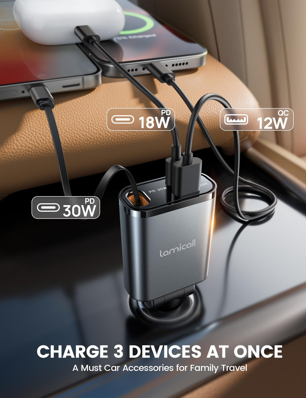 Lamicall Infällbar billaddaradapter – 【Ultrakompakt】50 W cigarettändare USB-laddare, 3-i-1 biltelefonladdning med infällbar kabel, Trip Essentials 12 V USB C-uttag för phone, Android, Galaxy