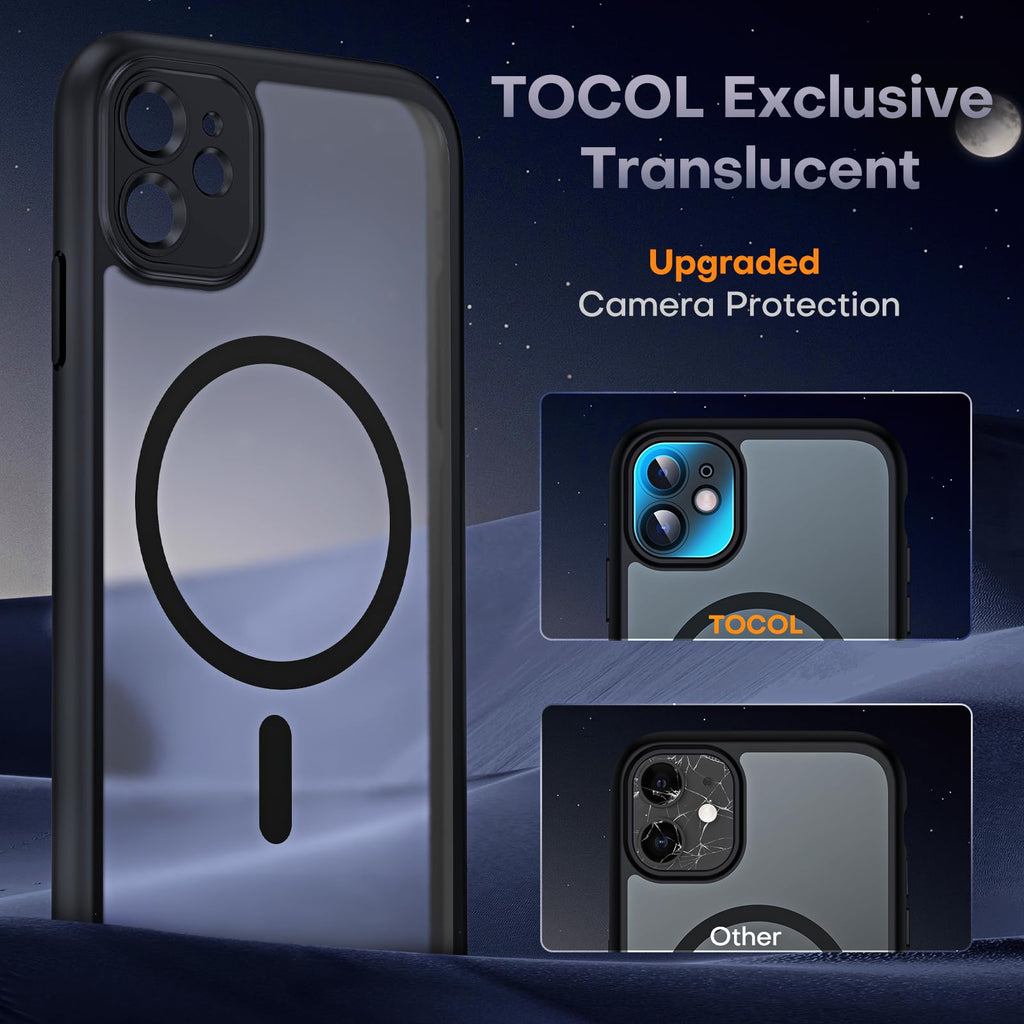 TOCOL Skal för iPhone 11, Kameraskydd, Integrerad Magnetring, Kompatibel med Magsafe, Fallskydd, Genomskinlig Matt Baksida, Svart Titan