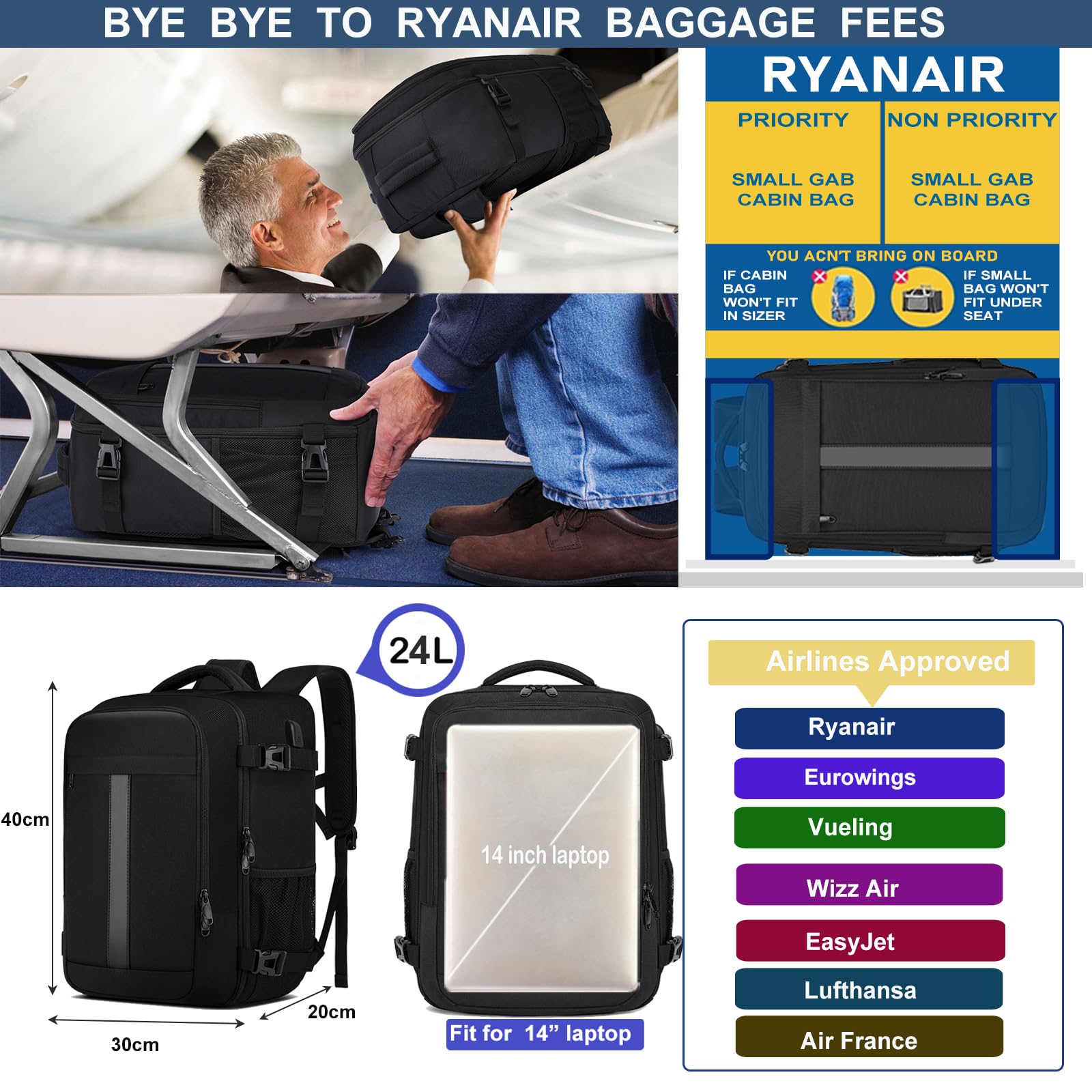 Handbagage Reseryggsäck 40x30x20 Kabinbagage 40x30x20 för Ryanair Wizzair, Under Säte Kabinväska Reseryggsäck med USB-laddningsport Laptopryggsäck14 tum Kabinväska för Män Kvinnor, Svart