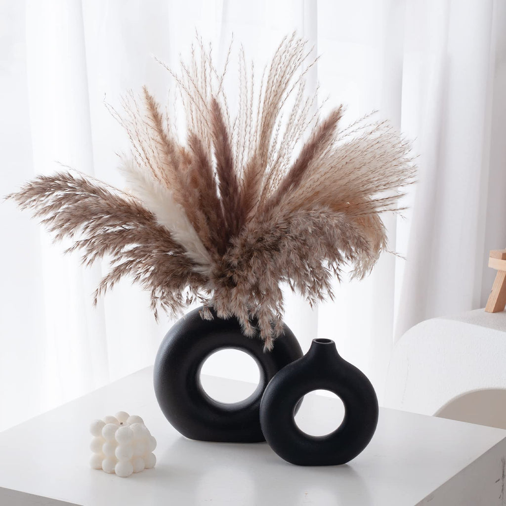 Set med 2 svarta donut keramiska vaser för modern heminredning, rund matt pampasgräs, Neutri bohemisk nordisk minimalism stil (stor och liten)