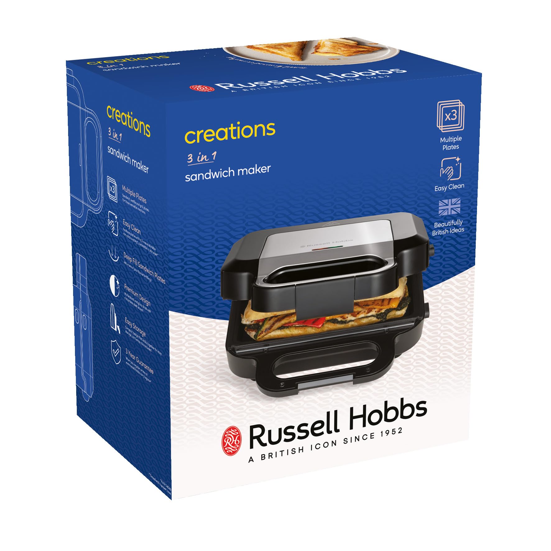 Russell Hobbs Smörgåsgrill 3-i-1 [smörgåsar, belgiska våfflor, grill] diskmaskinssäkra plattor, non-stick beläggning & extra djupa plattor, BPA-fri) 26810-56.
