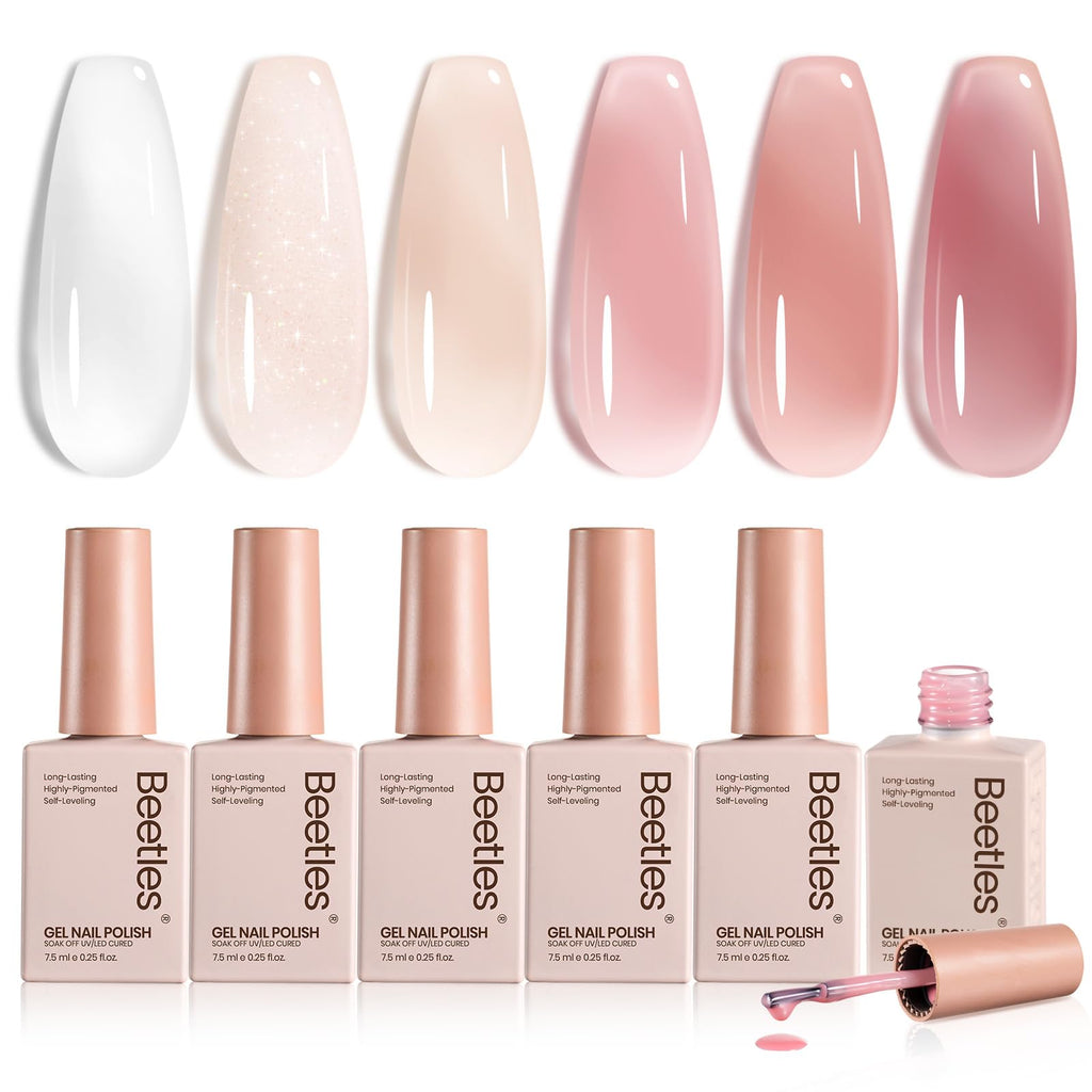Beetles Jelly Gel Nagellack Set 6 färger, neutral transparent UV nagellack mjölkvit nakenrosa genomskinlig nagelgel DIY manikyr UV-lampa krävs