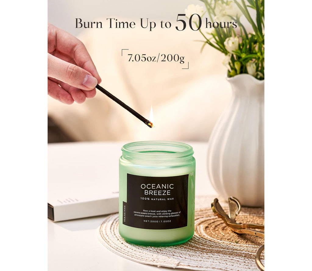 M&SENSE Ocean Breeze Organic Soy Scented Candles Gifts for Women & Men Non Toxic 200g 50H Burn Time Candles for Home Decor Small Jar Clear Burning Candle for Summer Evening Relaxation Stress Relief