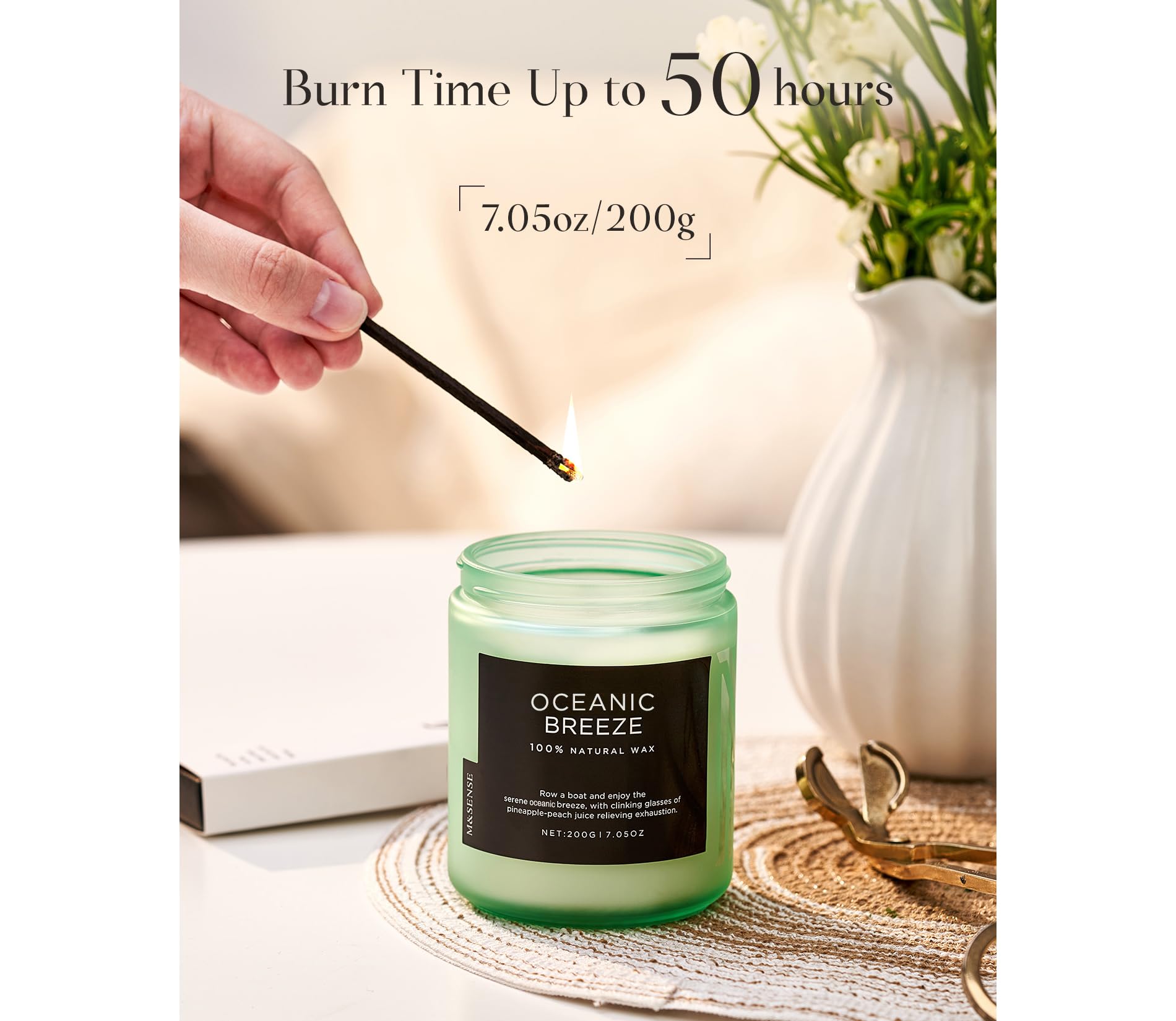 M&SENSE Ocean Breeze Organic Soy Scented Candles Gifts for Women & Men Non Toxic 200g 50H Burn Time Candles for Home Decor Small Jar Clear Burning Candle for Summer Evening Relaxation Stress Relief