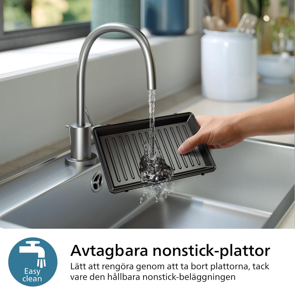 Philips 5000-serien smörgåsmaskin – 3 plattor för paninis, smörgåsar och våfflor. Grillplattor med nonstick. Cut-and-Seal. 750W Effekt. Svart (HD2350/80)