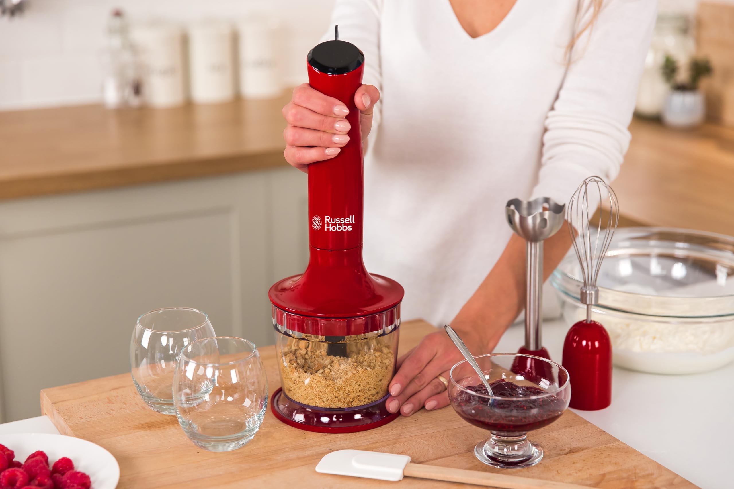 Russell Hobbs 3-i-1 stavmixer, 2 hastigheter, rostfritt stål, BPA-fri behållare, ballongvisp, minihackare, diskmaskinssäkra delar, röd, 500W Desire, 24700-56