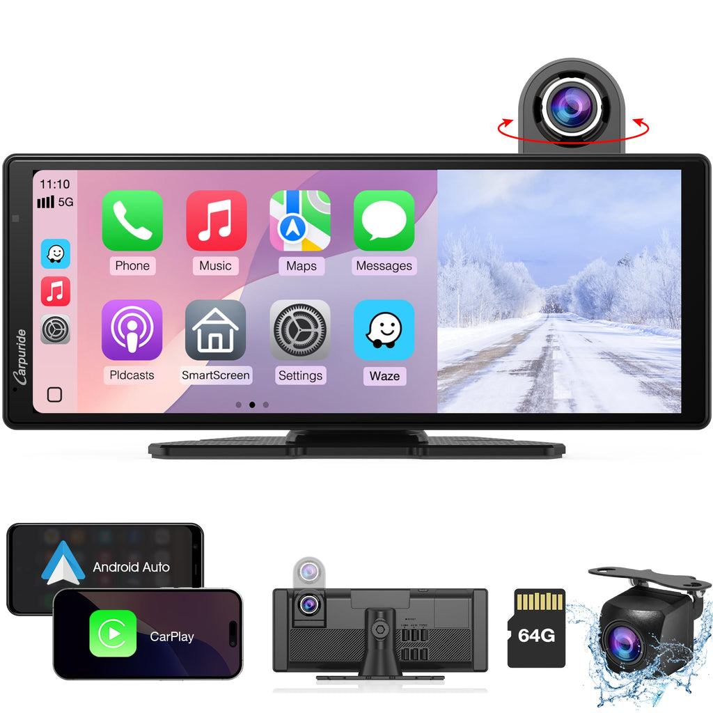 Carpuride Wireless Carplay & Android Auto med Dash Cam - 10,26" HD IPS Touch Car Play-skärm för bil, 4K Front & 1080P Bakre kamera, Loop Recording, Bluetooth Audio, Mirror Link, GPS, Siri
