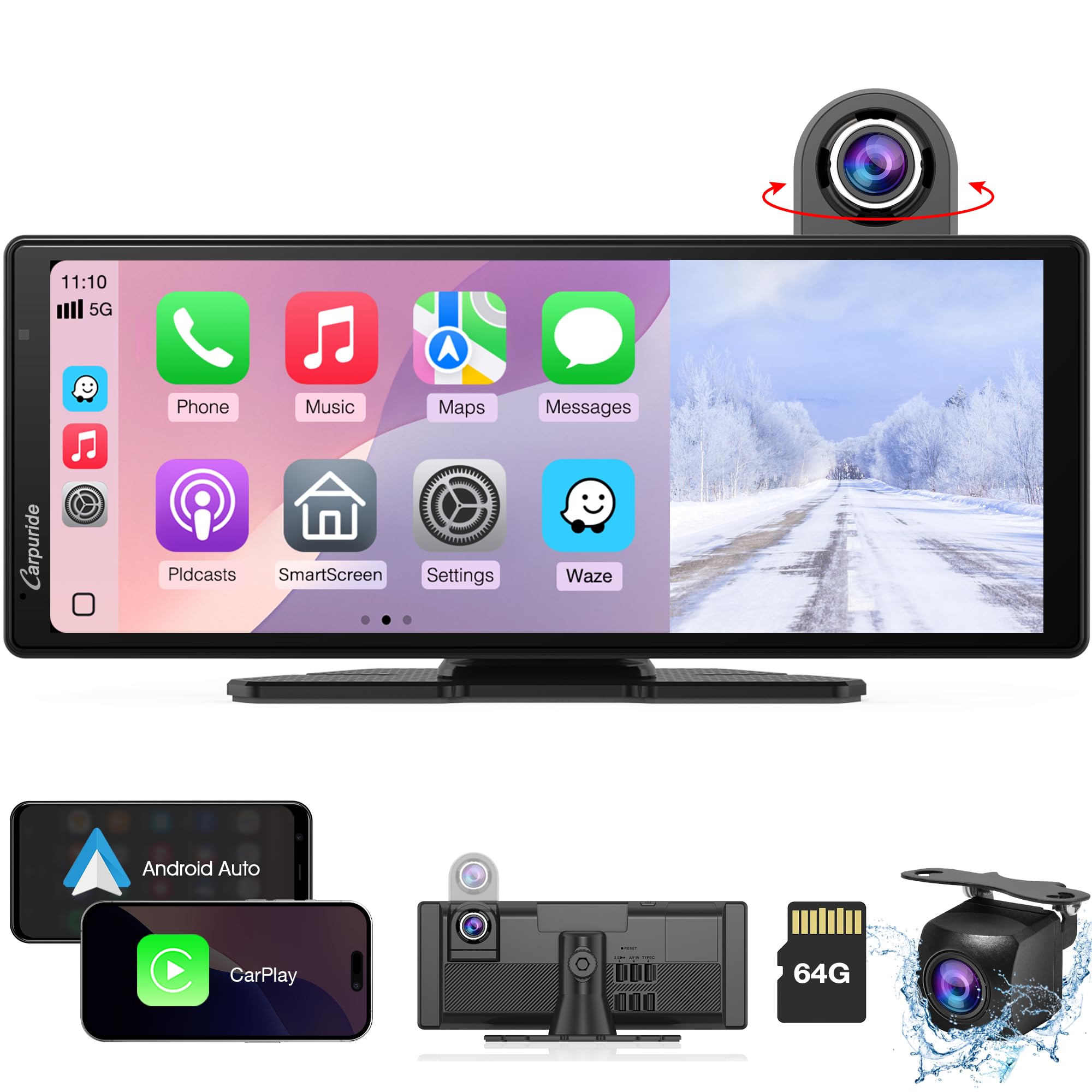 Carpuride Wireless Carplay & Android Auto med Dash Cam - 10,26" HD IPS Touch Car Play-skärm för bil, 4K Front & 1080P Bakre kamera, Loop Recording, Bluetooth Audio, Mirror Link, GPS, Siri