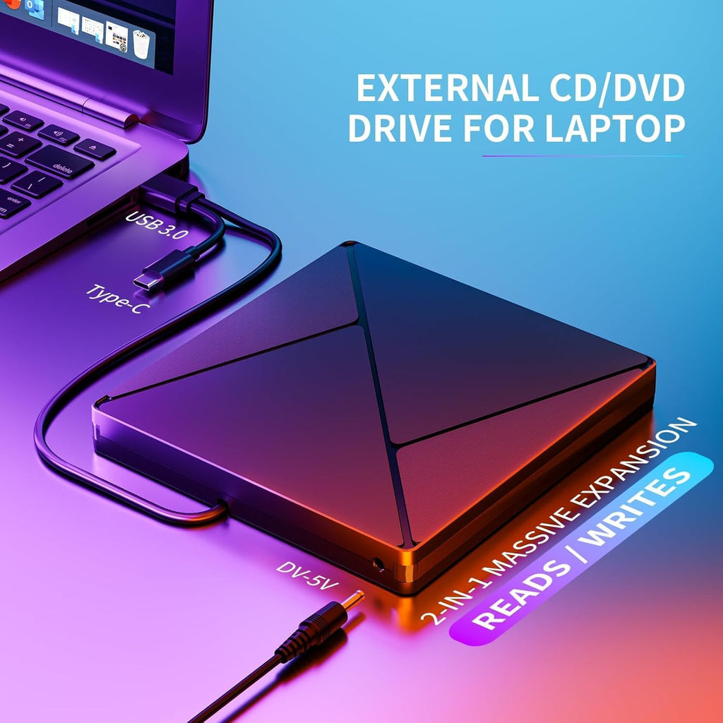 Extern CD DVD-enhet, USB 3,0 och USB-C CD/DVD-enhet, extern CD DVD +/-RW ROM brännare optisk extern DVD-enhet för bärbar dator, PC, stationär dator, MacBook, iMac, Windows 11/10/8/7/XP/Linux/MacOS