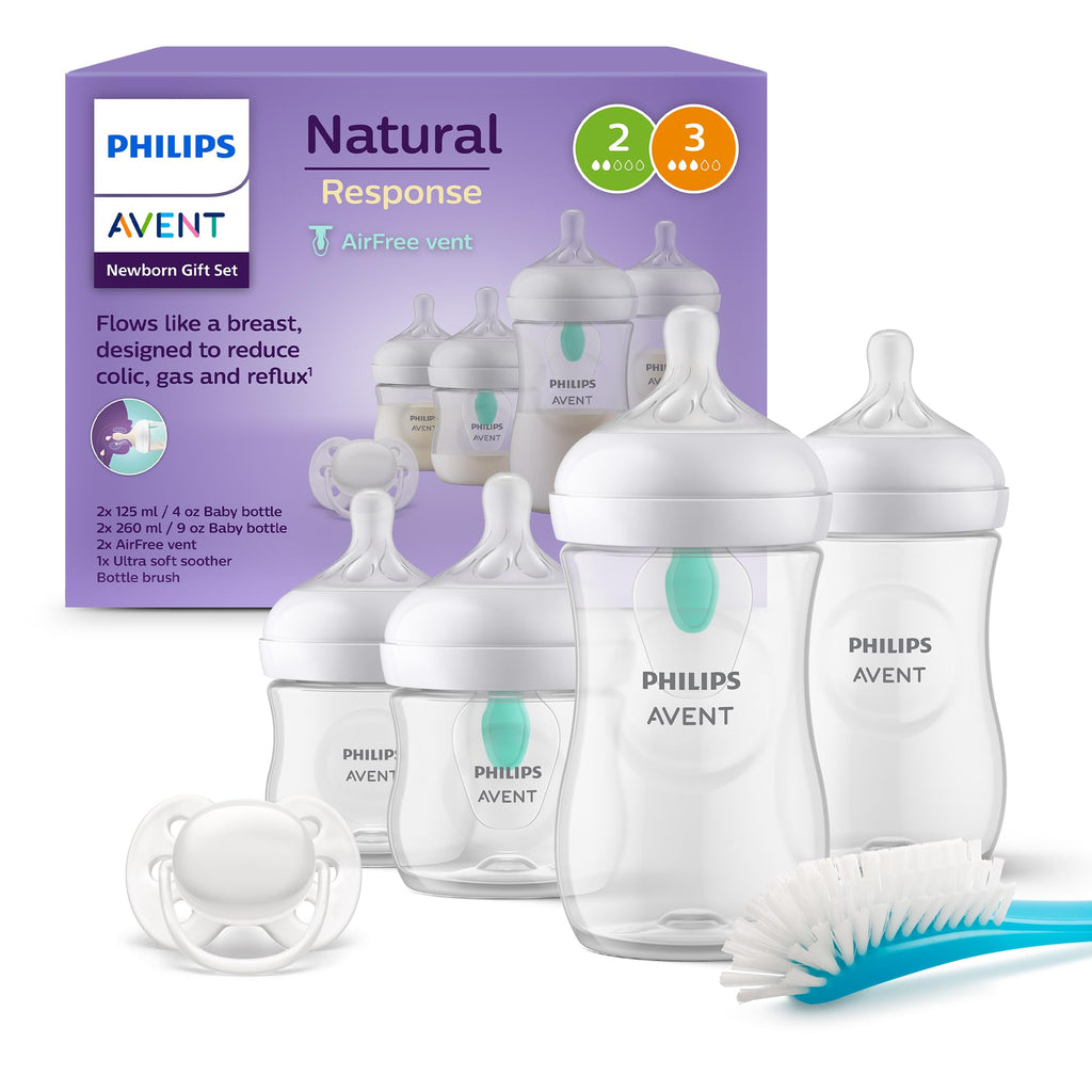 Philips Avent-nappflaska med AirFree-ventil, presentförpackning för nyfödd – 4 nappflaskor med AirFree-ventil, ultra soft-napp och flaskborste, barn i åldern 0–12+ månader (modell SCD657/11)