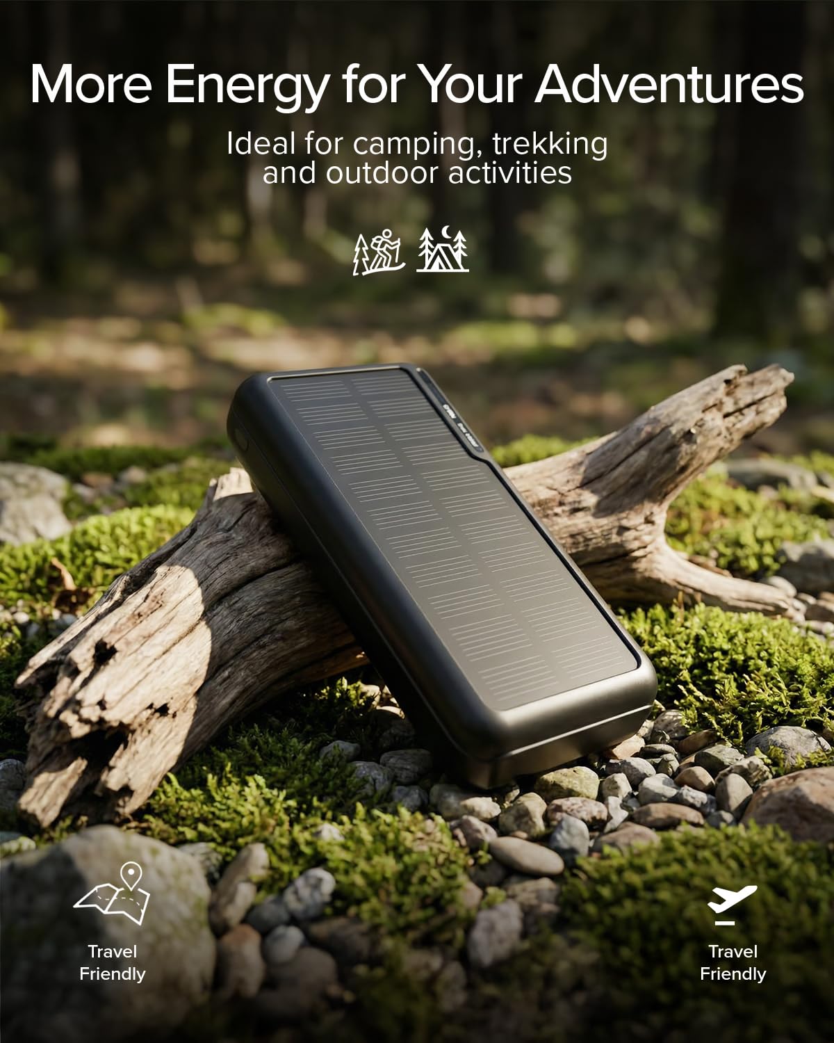 SBS Solar PowerBank, 10000mAh, Power Bank med Solpanel, Snabb Laddning, Intelligent Charge (IC), Status LED, USB-C, USB-A, Bärbar Reseladdare, Kompakt Design, Svart