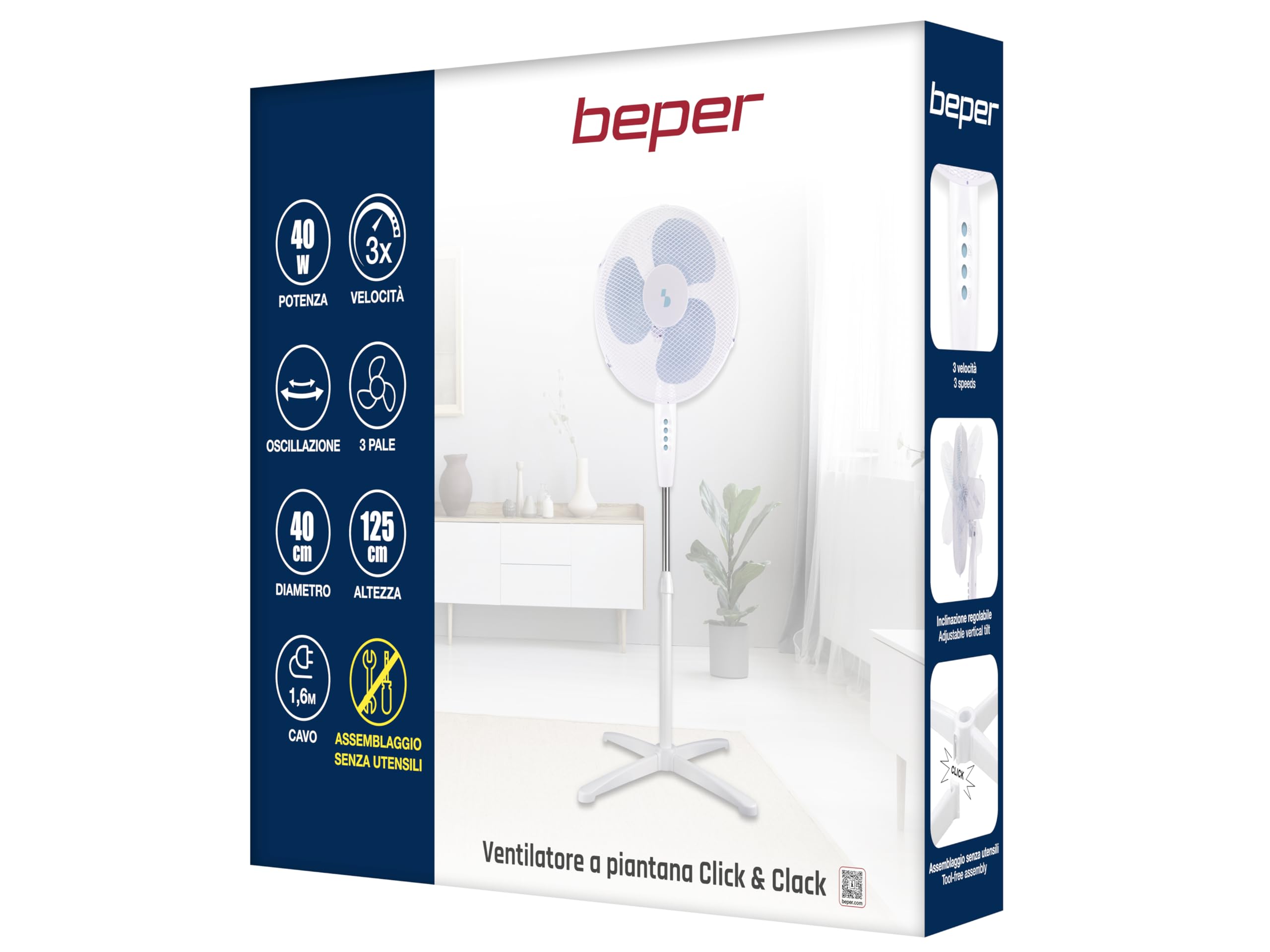 BEPER P206VEN103 Piedestalfläkt 3 blad, justerbar höjd upp till 125 cm, 3 hastigheter, automatisk oscillation, enkel montering utan verktyg, 40 cm stålgaller, tvärbas, 40W
