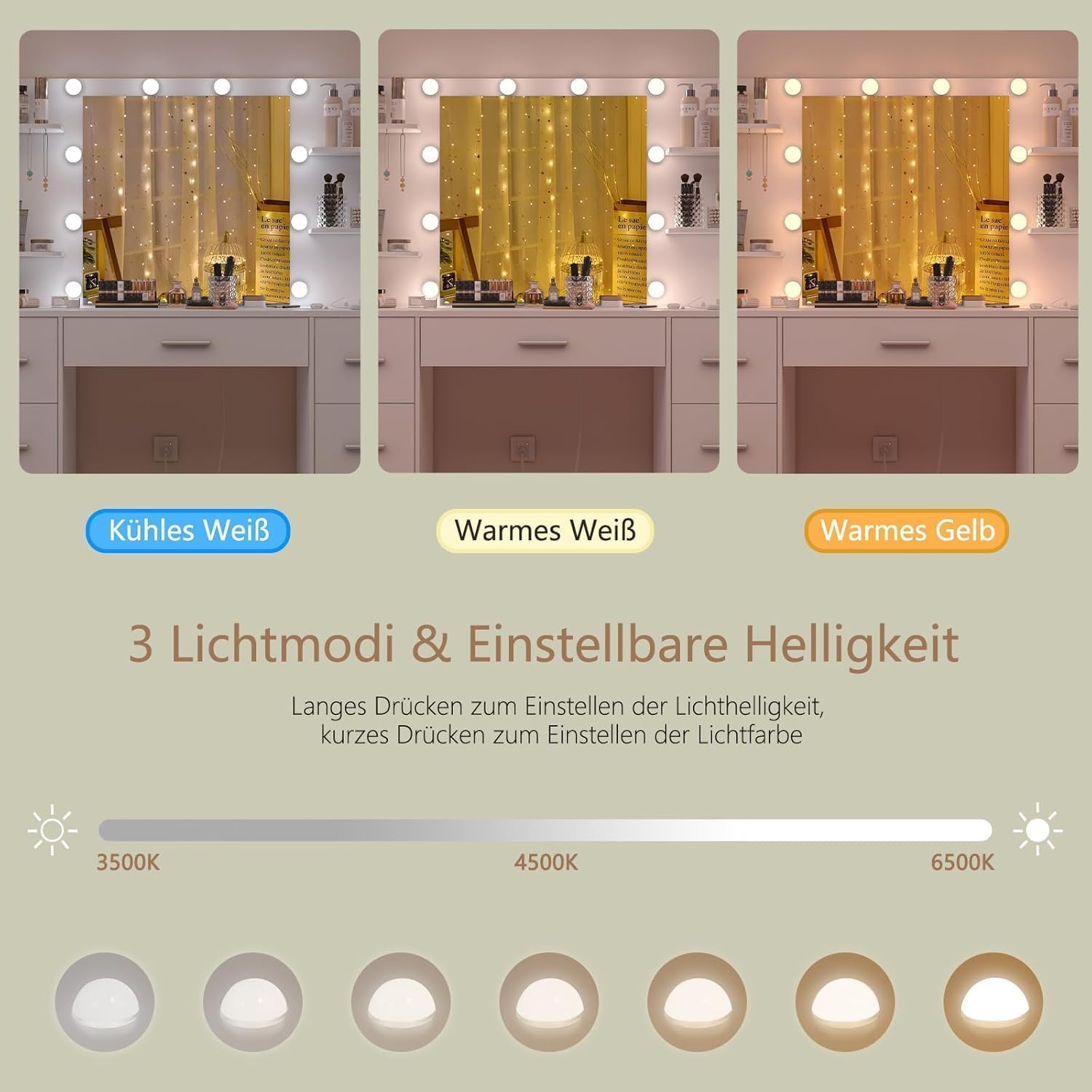 TEENFON Stor Sminkbord med Spegel Belysning, Sminkbord med Justerbart LED-ljus och uttag, Toalettbord med 7 lådor, 4 öppna hyllor och 5 smyckeshakar för sovrum, vit