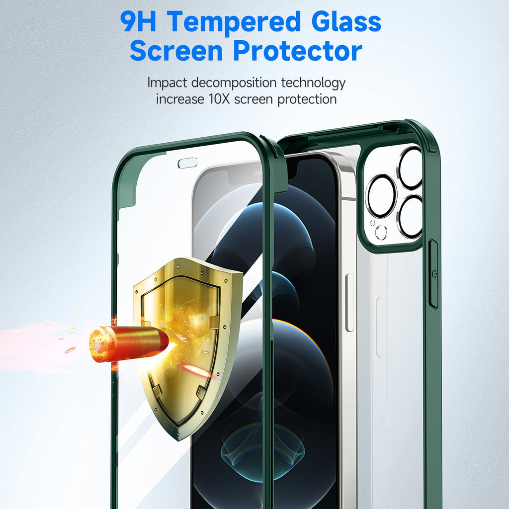 seacosmo för iPhone 12 Pro Mobilskal, [9H HD] Integrerat Skärmglas och Linsskydd, 360 Grader Stöttåligt Fodral, Stötdämpande Skal för iPhone 12 Pro, Grön