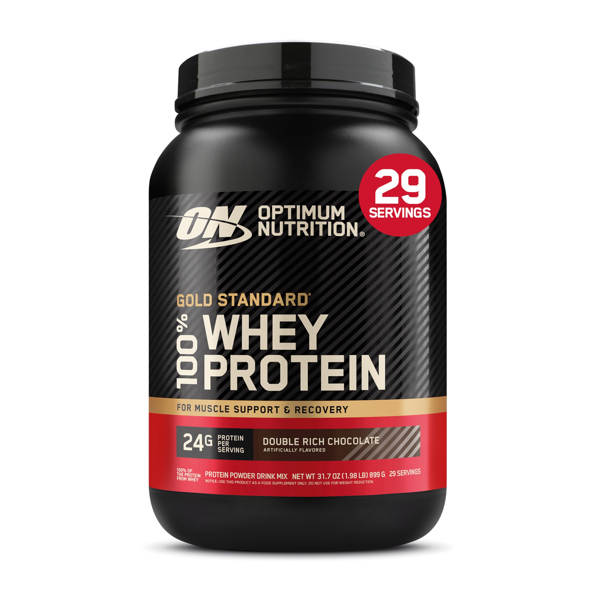 Optimum Nutrition Gold Standard 100% Whey Vassleprotein, Double Rich Chocolate, 899g, 29 Portioner, Förpackningen Kan Variera