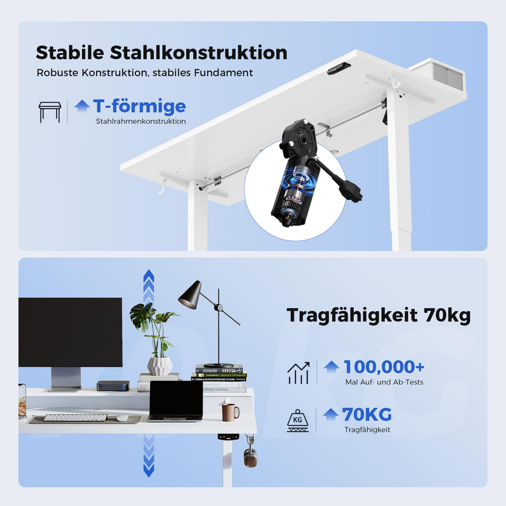 Agilestic Höjdjusterbart skrivbord med två lådor, 120 x 60 cm elektriskt datorskrivbord med minnesfunktion, skrivbord för kontor och hem, vit