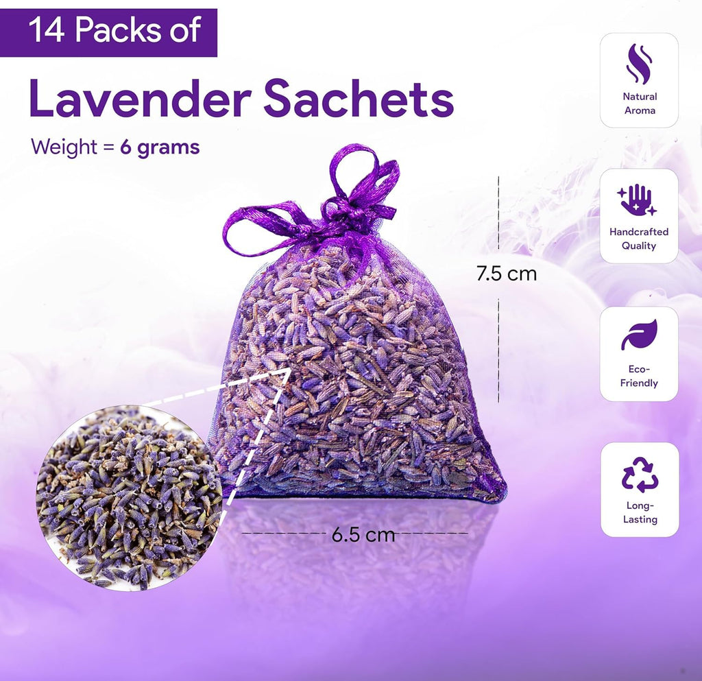Lavendelpåsar – 14-Pack Lavendelpåsar för Garderob, Hem och Bil – Torkad Lavendel, Naturlig Mottavskräckare och Doftpåsar för Avkoppling och Fräsch Doft