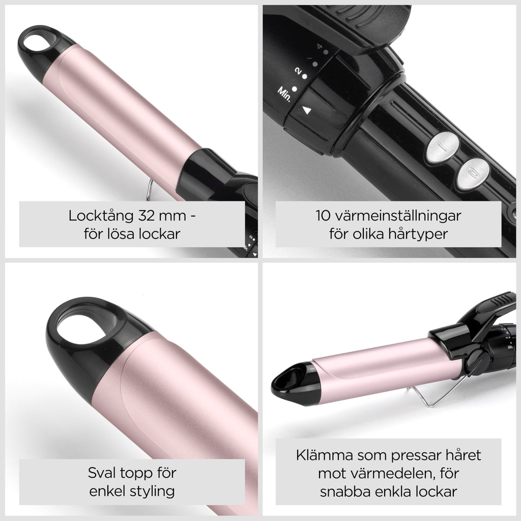 BaByliss 32 mm Locktång - Pro Satin Touch beläggning, 10 Värmeinställningar, Snabb Uppvärmning, Frissfria lockar, Integrerat stöd – Svart & Rosa, C332E
