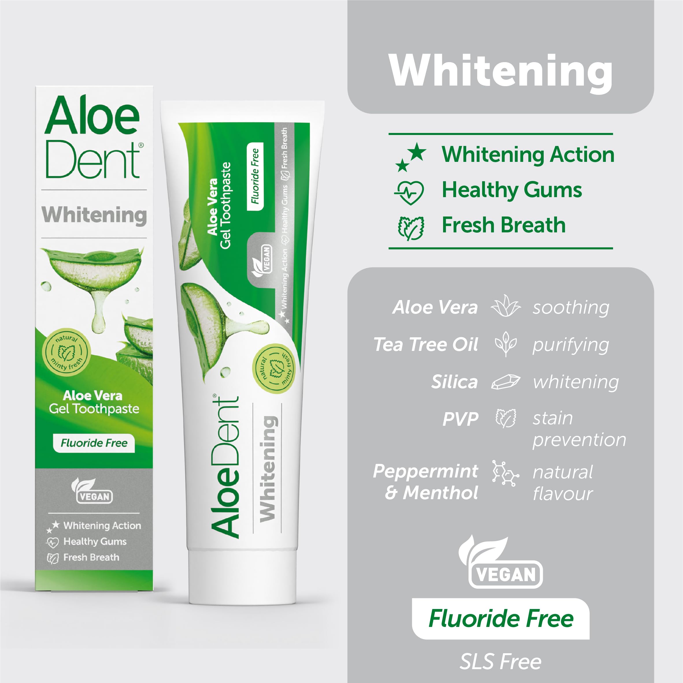 Aloe Dent Whitening Aloe Vera tandkräm Fluorfri, naturlig verkan, Vegan, Cruelty Free, SLS-fri, Naturligt vit, Hälsosamt tandkött, 100 ml, förpackningen kan variera