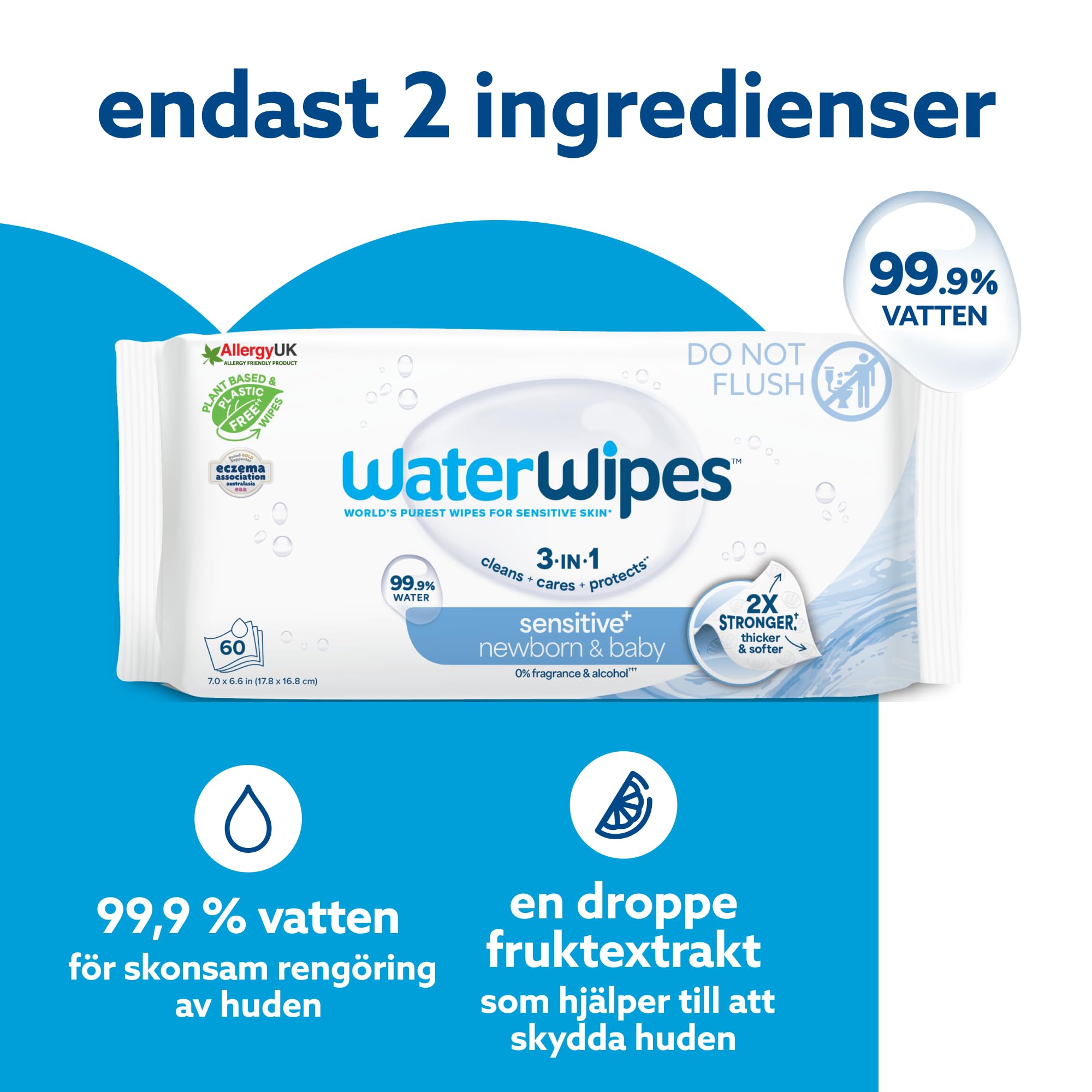 WaterWipes Sensitive+ Newborn & Baby Wipes, Våtservetter för nyfödda och spädbarn, 720 st (12-pack), 3-i-1 rengör, vårdar och skyddar, 99,9% vatten, oparfymerade