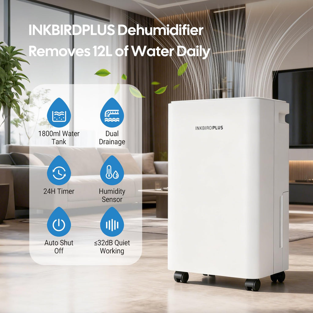 INKBIRDPLUS Hem Avfuktare, 12L/D avfuktning, 1800 ml vattentank med avloppsslang, 3 lägen met automatisk avfrostning, timer och barnlås, luftavfuktare för sovrum, babyrum, garderob, skåp, källaren