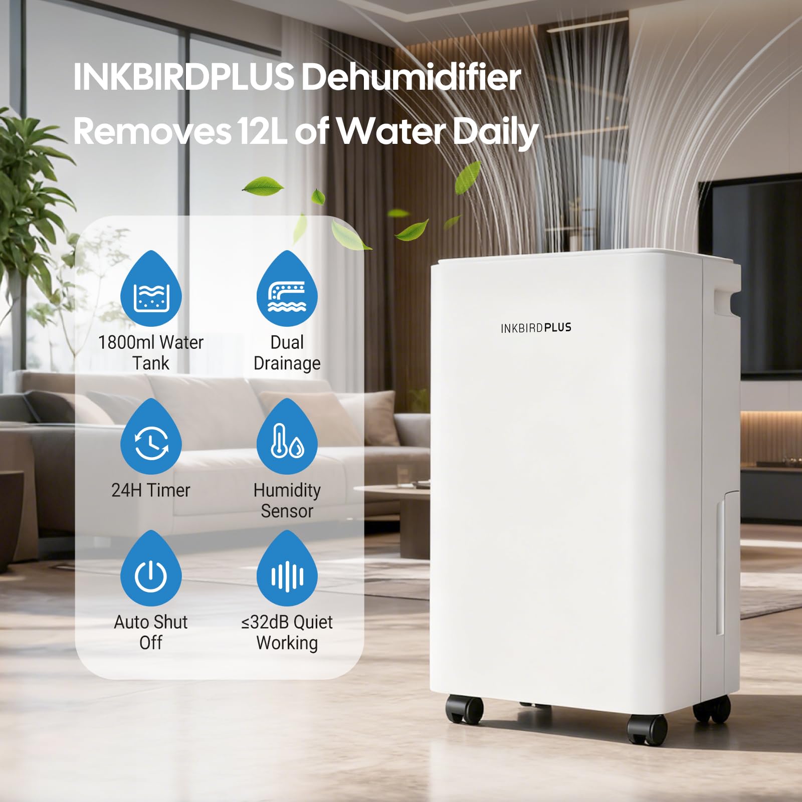 INKBIRDPLUS Hem Avfuktare, 12L/D avfuktning, 1800 ml vattentank med avloppsslang, 3 lägen met automatisk avfrostning, timer och barnlås, luftavfuktare för sovrum, babyrum, garderob, skåp, källaren