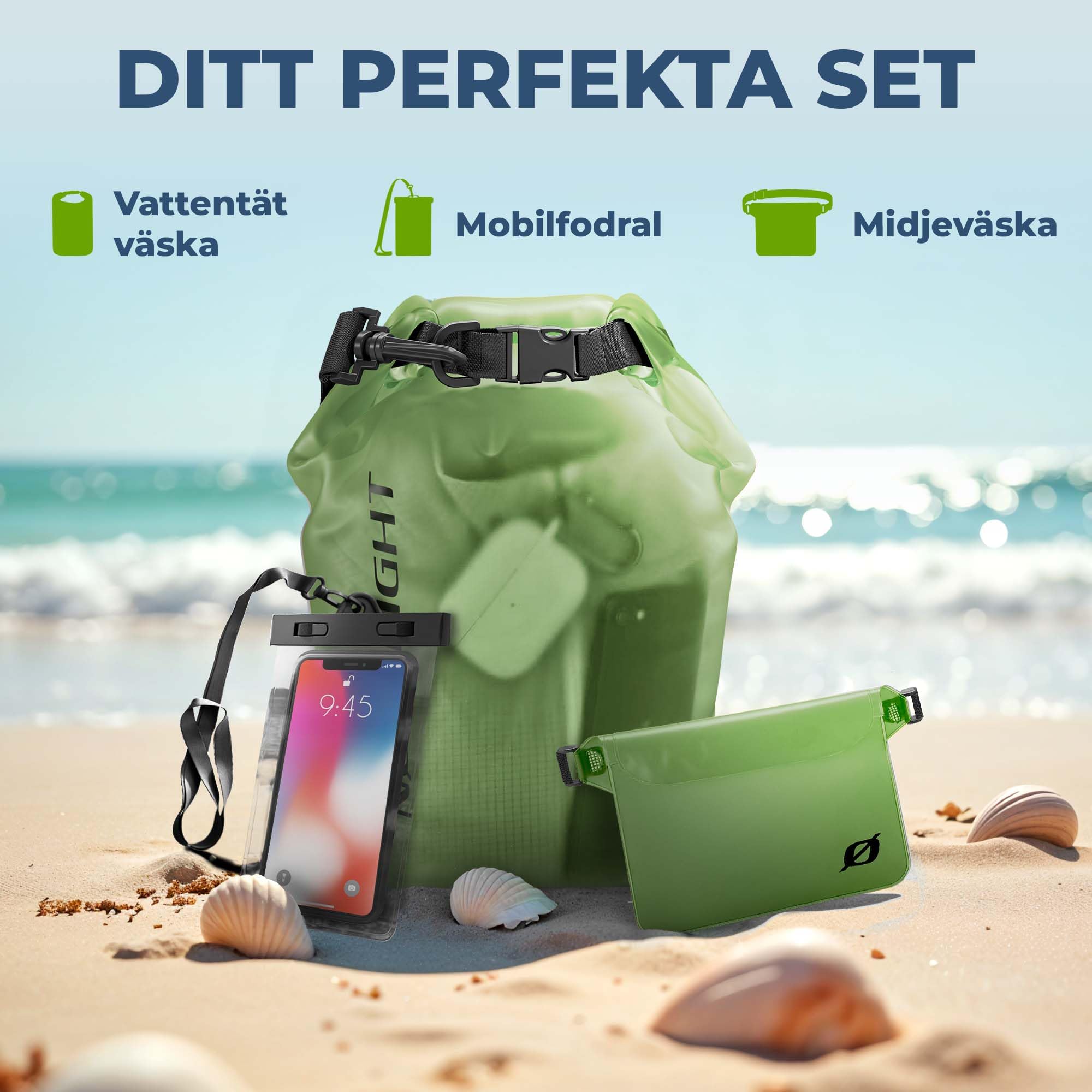 Nordlight vattentät torrsäck med telefonficka och midjeväska - (10L, Mörkgrön) vattentät torrsäck med rullstängning | simning, båtliv, strand, stående paddling