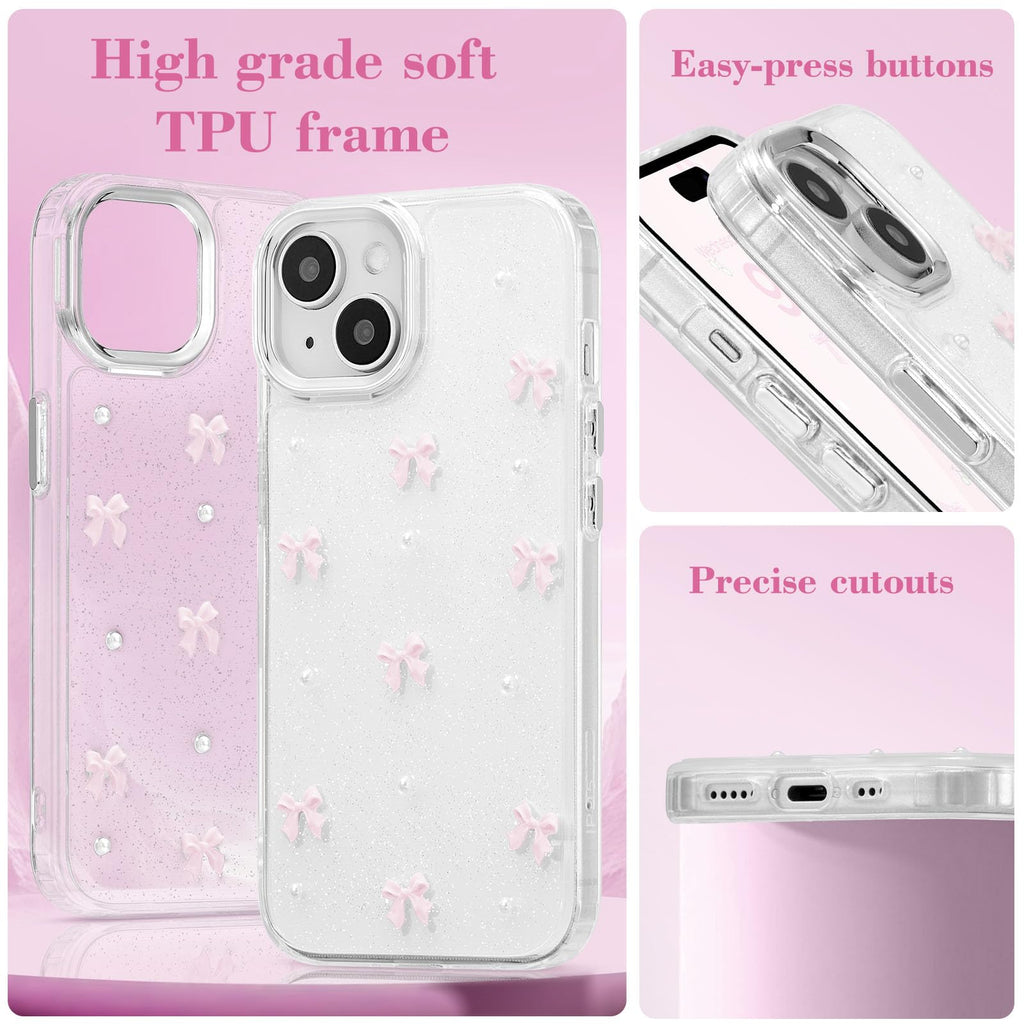 EYZUTAK Skal för iPhone 13/iPhone 14, glittrigt 3D-rosettskal, söt, gnistrande, kristallklar design, tunt, mjukt och hållbart genomskinligt TPU-skal, rosa rosett