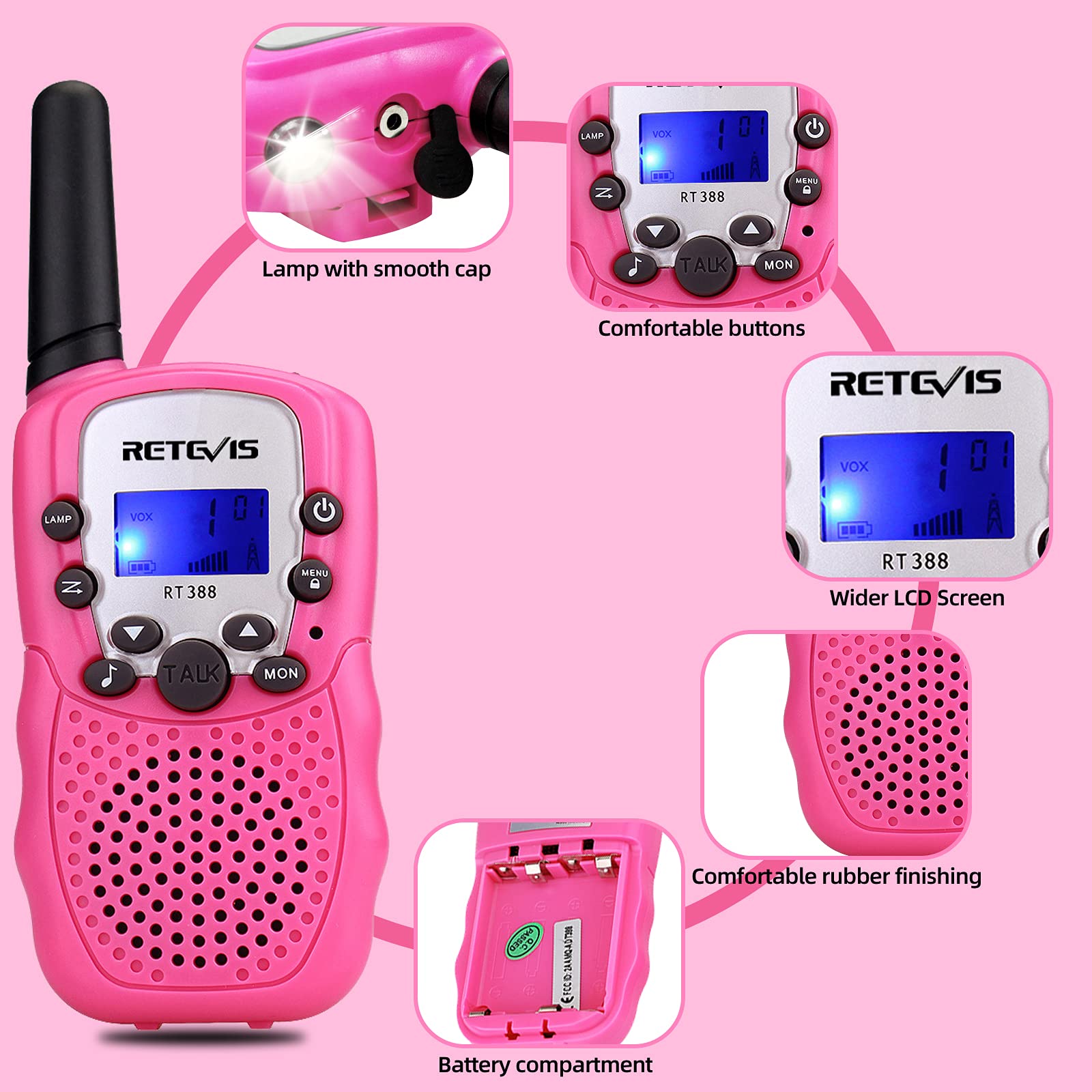 Retevis RT388 Walkie Talkie Pojkar Flickor, 8-Kanaler Lcd-SkäRm Vox-Funktion 10 Samtalstoner Inbyggd Ficklampa Leksak Spresent för Campinglov Skolaktiviteter (Rosa, 1 Par)