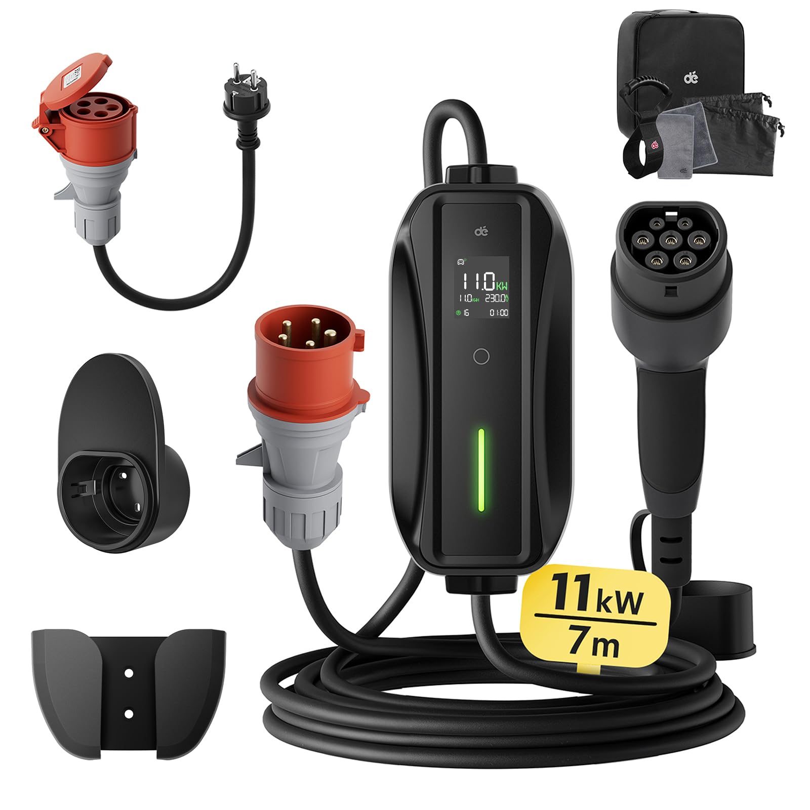 dé elbilsladdare 3 fas [7m,11kW,6-16A] laddkabel elbil Typ 2 Justerbar Ström ev charger 11kW med Timer & Fördröjning, IP65 EV Laddbox för Elbilar & PHEV