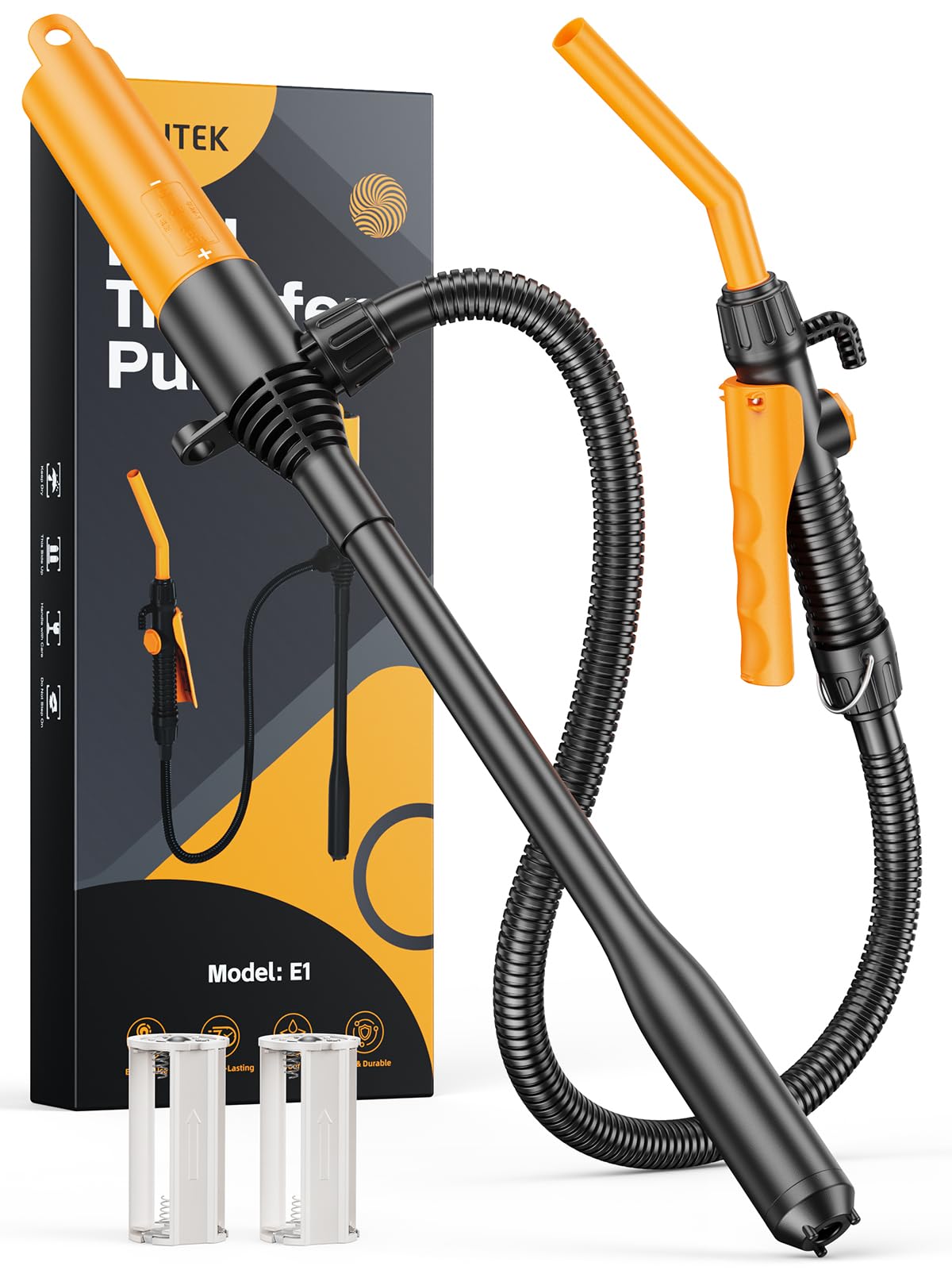 E1 bränsleöverföringspump - 2,6 GPM-batteri bärbar sifonpump med kontrollerat flöde och 150 cm (59 tum) vattentät slang för bensin, gas och vatten