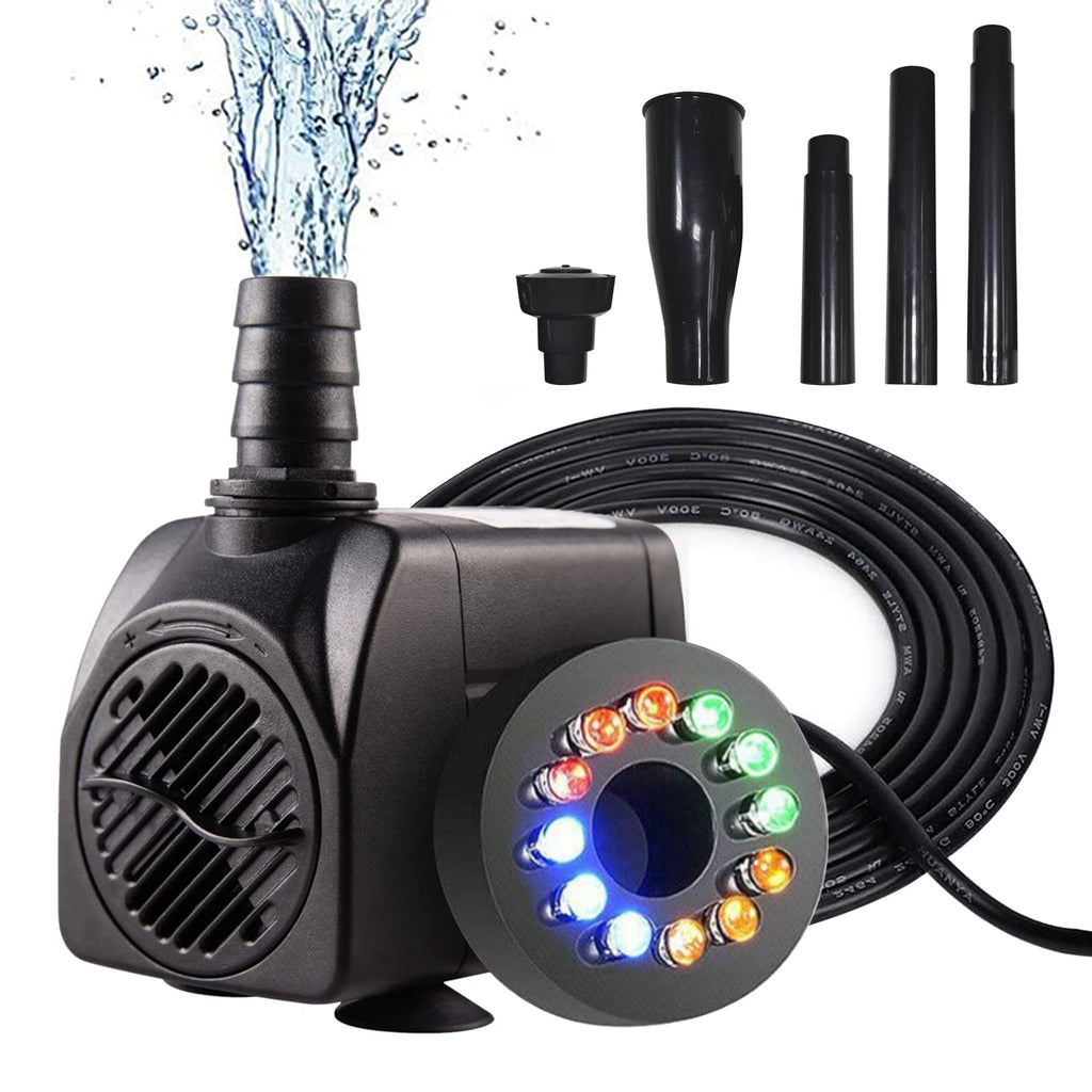 Utomhuspump, dränkbar fontän pump, fiskdamm pump, tyst dränkbar akvarium, vattenpump 220 V, kraftfull utomhusdekoration trädgård med LED och munstycken 750L/H 15W