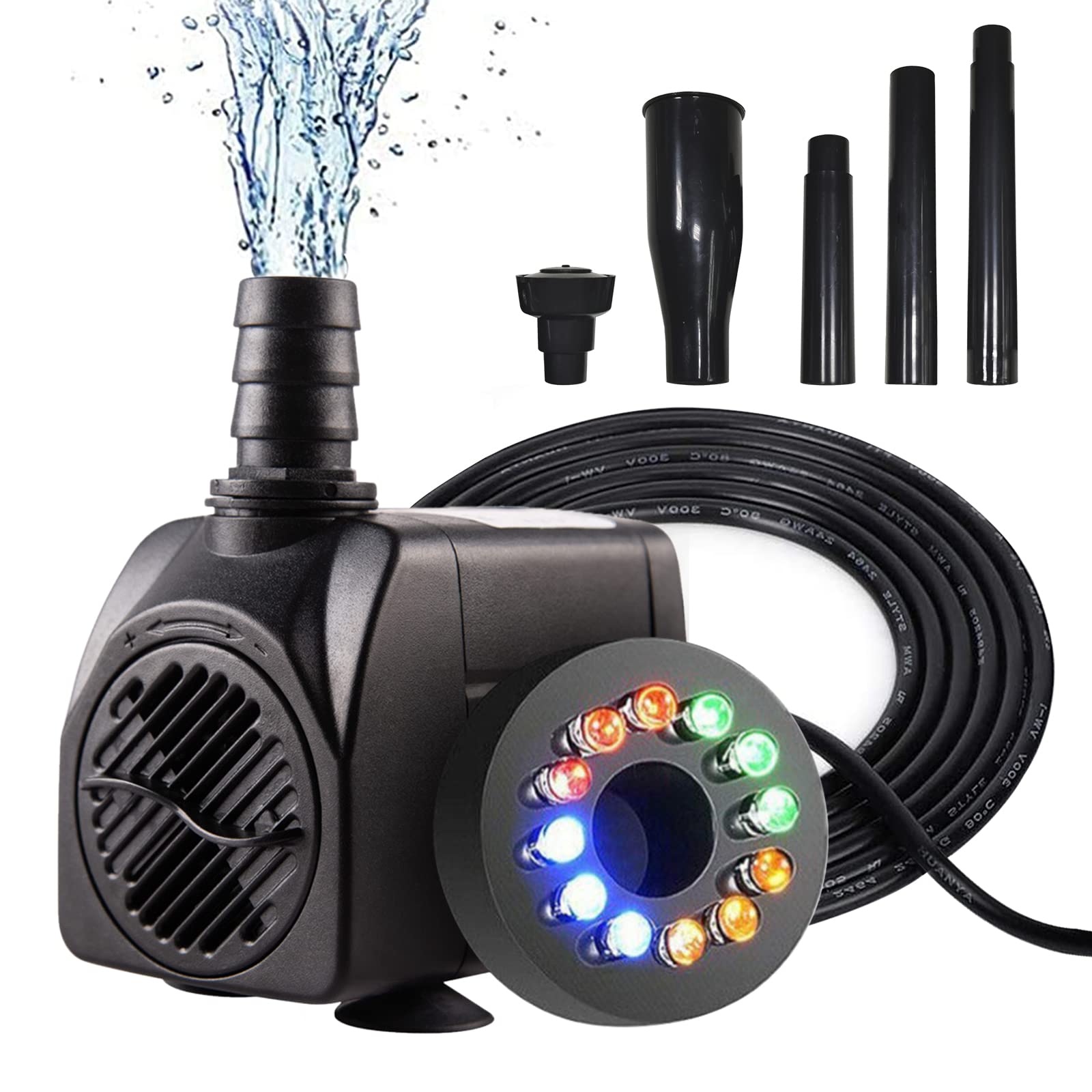 Utomhuspump, dränkbar fontän pump, fiskdamm pump, tyst dränkbar akvarium, vattenpump 220 V, kraftfull utomhusdekoration trädgård med LED och munstycken 750L/H 15W