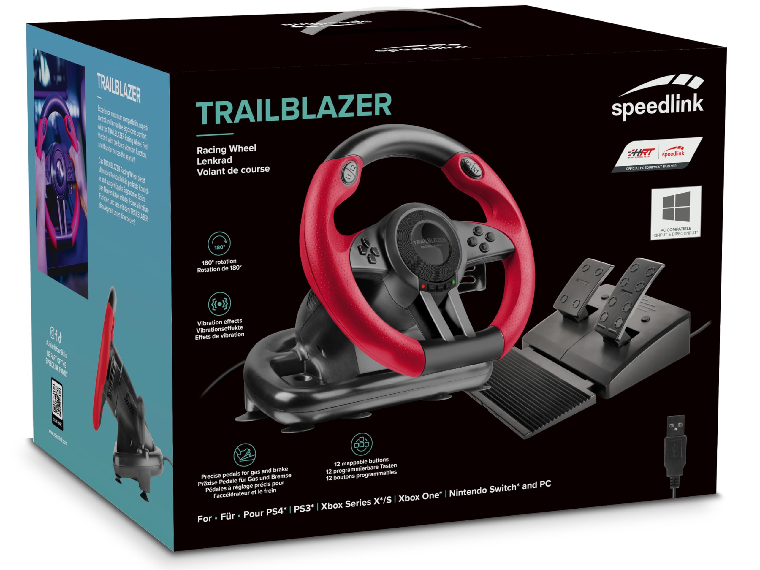 Speedlink TRAILBLAZER Racing Wheel – ratt för PS3/PS4, Xbox Series X/S/One, Nintendo Switch och PC, växlingspaddlar och växelspak, justerbara pedaler, svart-röd