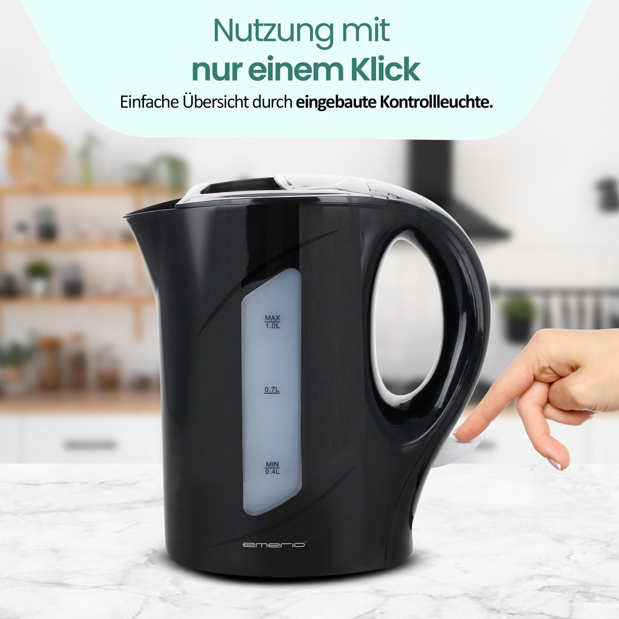 Emerio Vattenkokare, 1,0 liter, 900 watt, vattennivåindikator, BPA-fritt, torrgåsskydd, upplyst på/av-brytare, perfekt för hem, camping eller kontor, WK-121616.1, svart