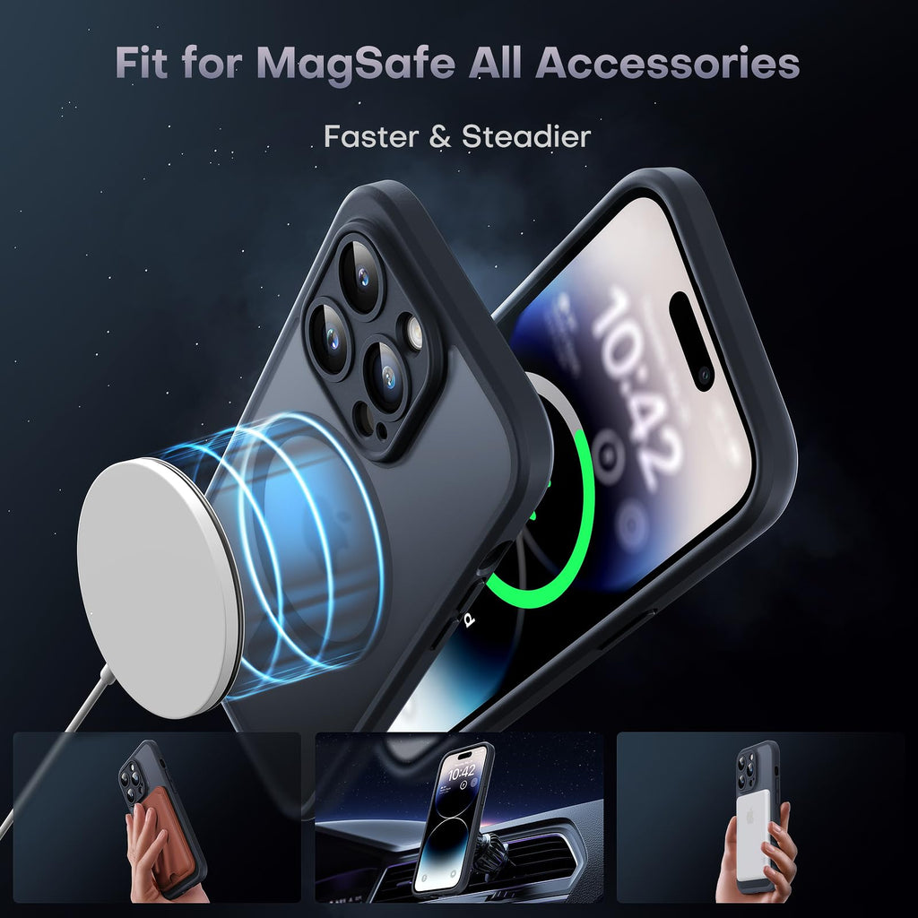 TOCOL Skal för iPhone 14 Pro, Kameraskydd, Integrerad Magnetring, Kompatibel med Magsafe, Fallskydd, Genomskinlig Matt Baksida, Svart Titan