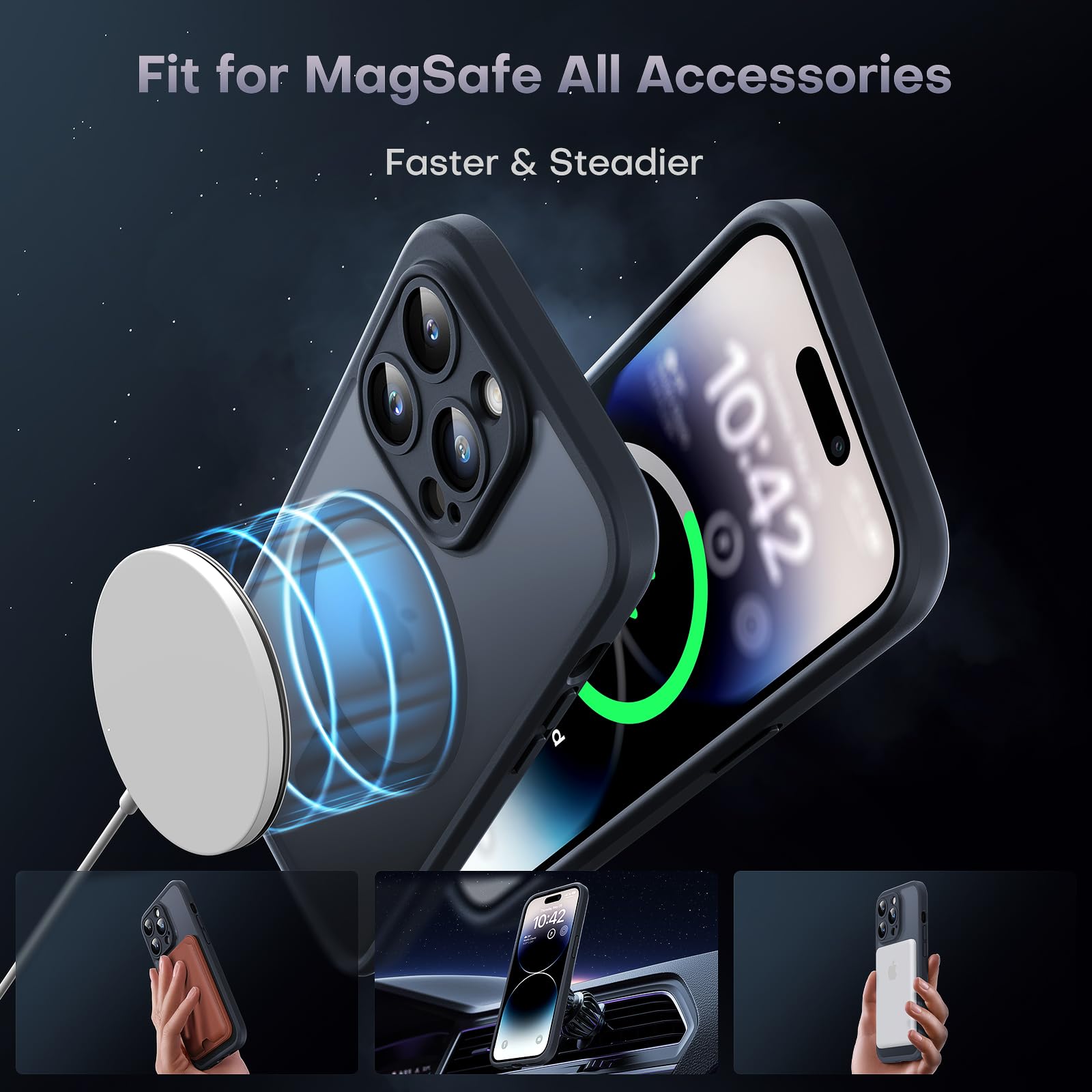 TOCOL Skal för iPhone 14 Pro, Kameraskydd, Integrerad Magnetring, Kompatibel med Magsafe, Fallskydd, Genomskinlig Matt Baksida, Svart Titan