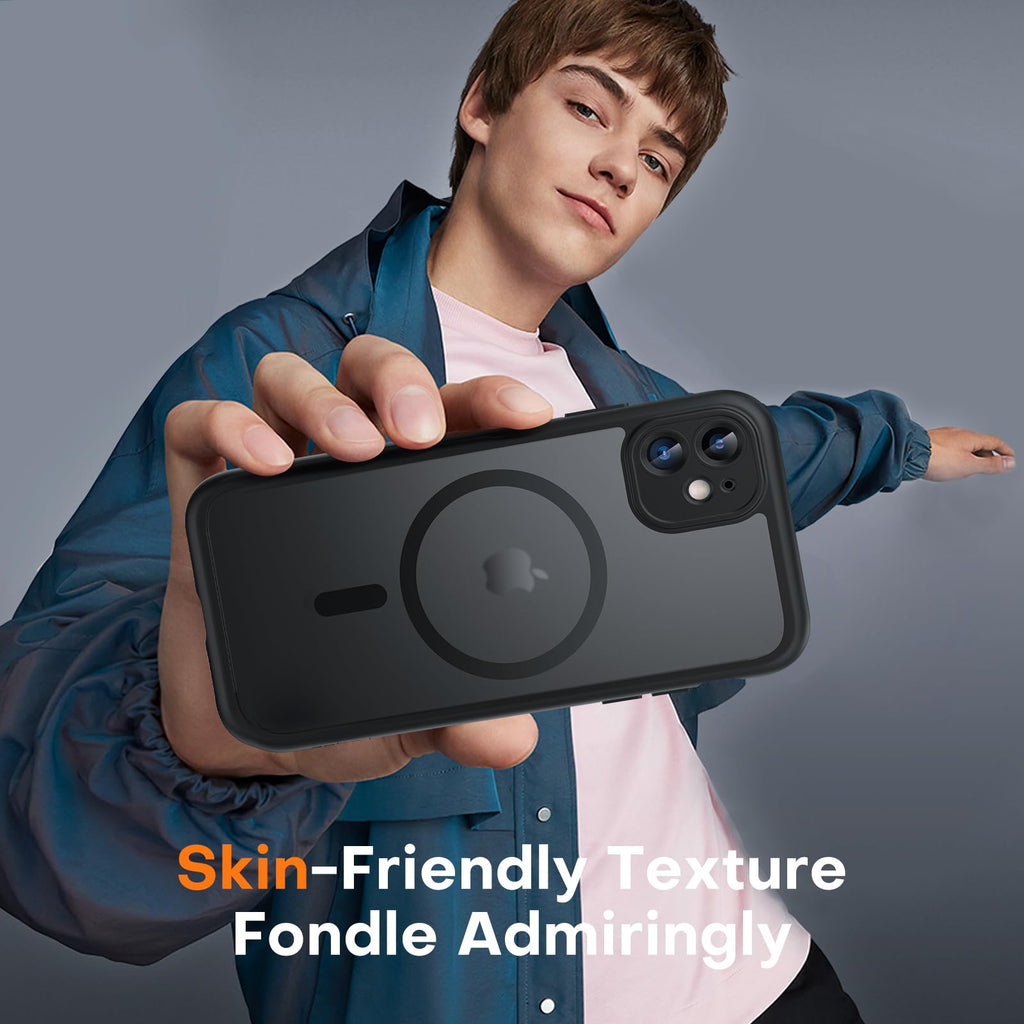 TOCOL Skal för iPhone 11, Kameraskydd, Integrerad Magnetring, Kompatibel med Magsafe, Fallskydd, Genomskinlig Matt Baksida, Svart Titan