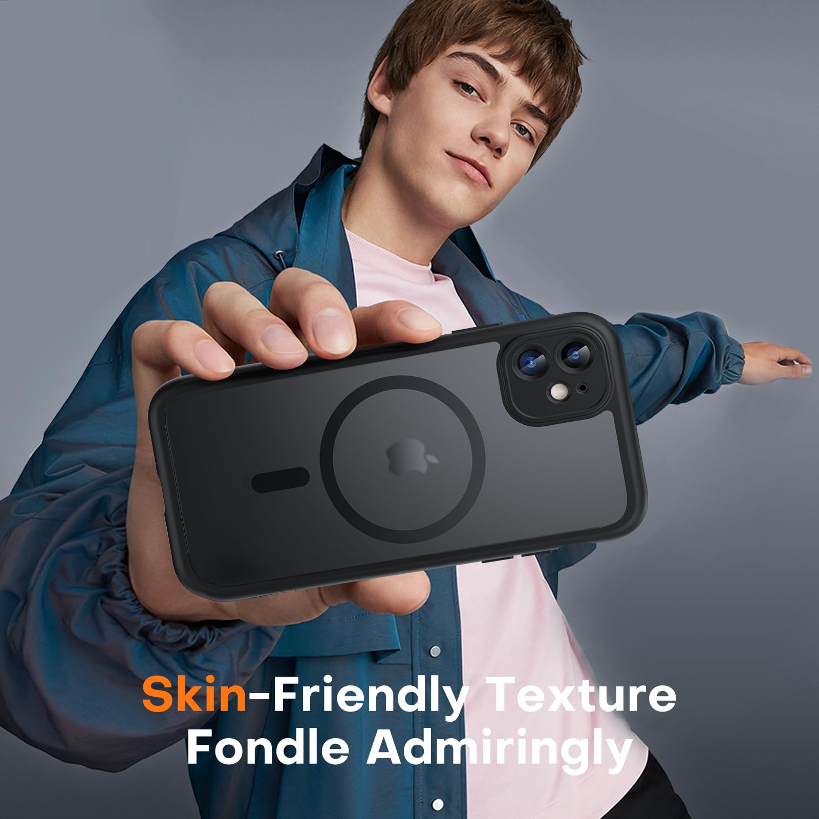 TOCOL Skal för iPhone 11, Kameraskydd, Integrerad Magnetring, Kompatibel med Magsafe, Fallskydd, Genomskinlig Matt Baksida, Svart Titan